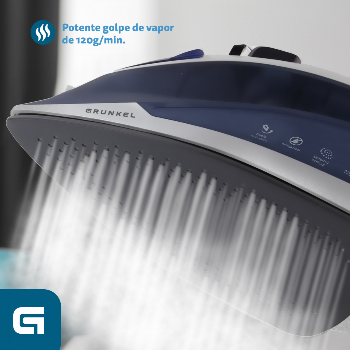 Una plancha blanca y azul liberando vapor. Texto: 'Potente golpe de vapor de 120g/min'.