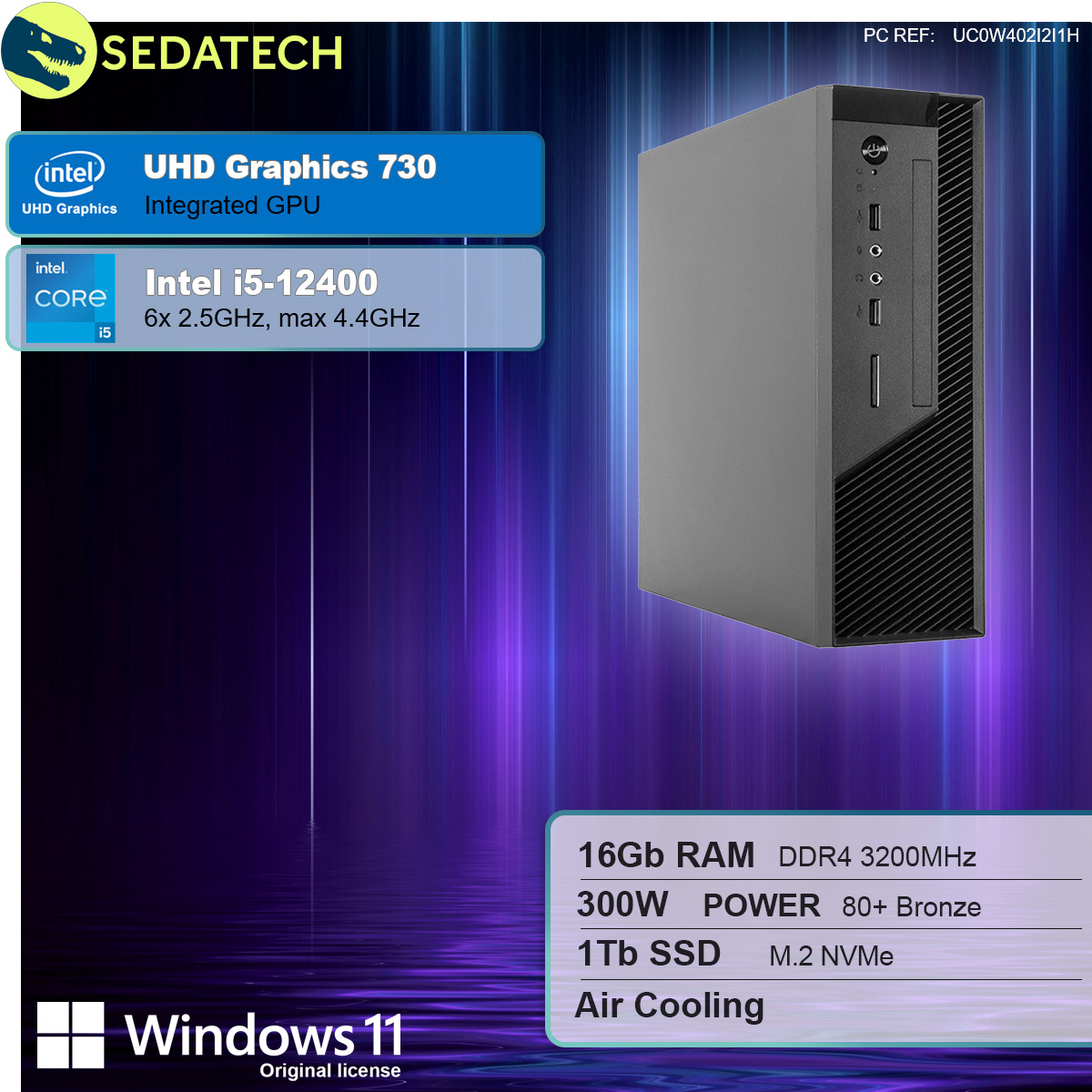 Mała, szara obudowa komputera z etykietami i logo Windows 11.