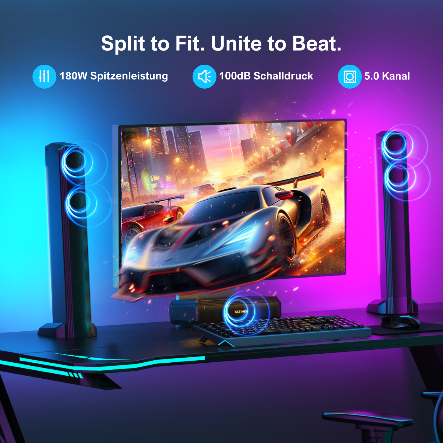 Computer-Setup mit Lautsprechern, Monitor, Tastatur und einem Autorennen-Spiel.