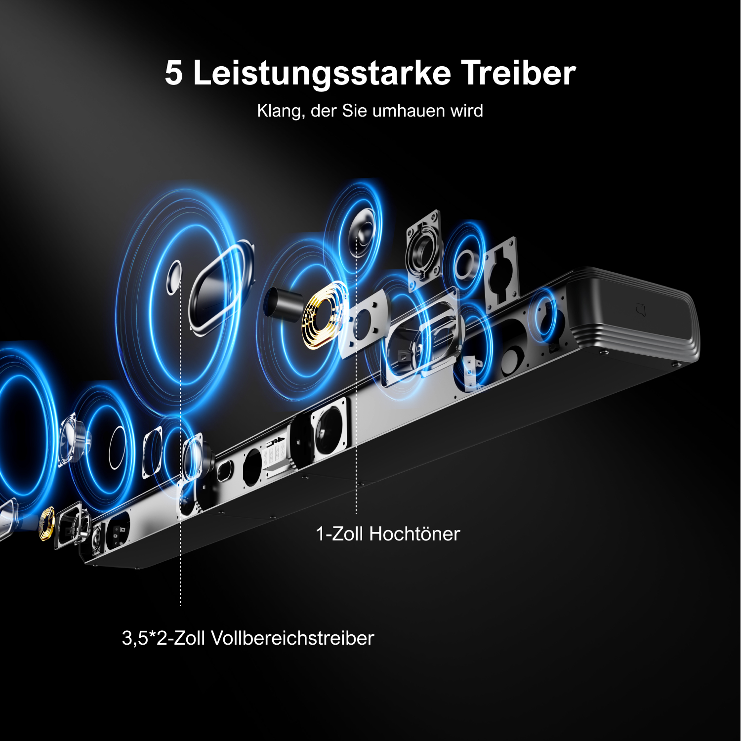 Explosionszeichnung einer Soundbar, die innere Komponenten und Lautsprecher auf schwarzem Hintergrund zeigt.