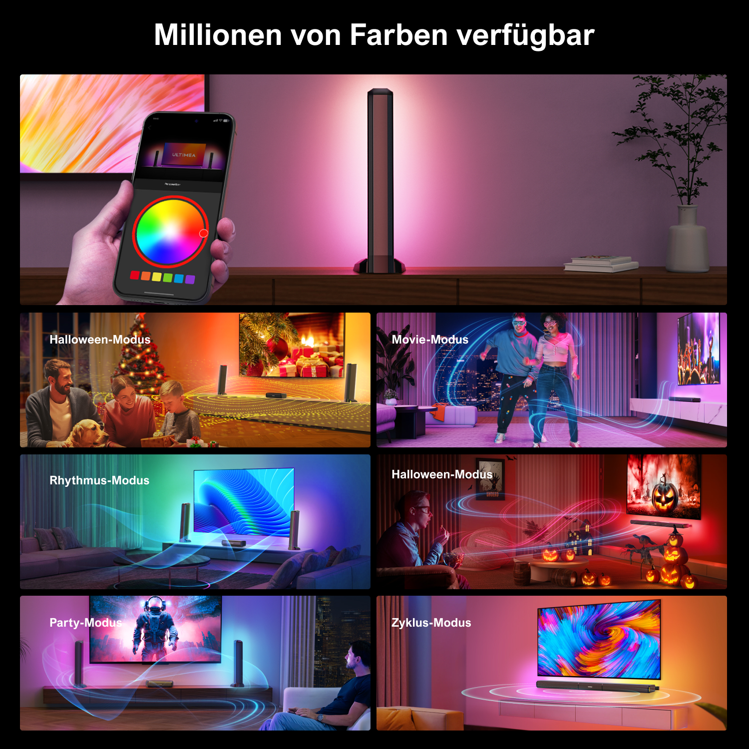 Verschiedene Lampen in verschiedenen Farben. Ein Telefon mit Farbauswahl-App ist ebenfalls sichtbar.