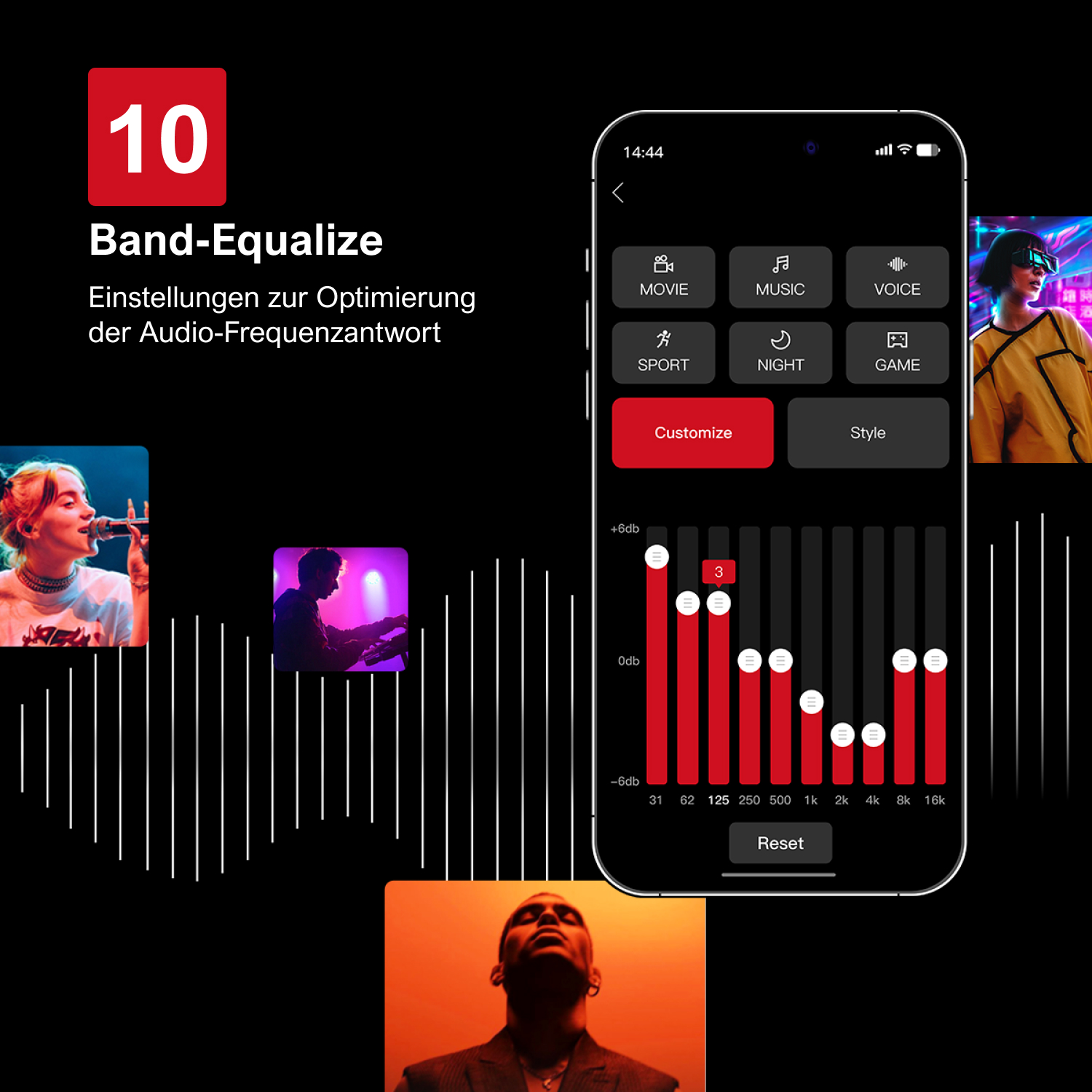Ein Telefonbildschirm mit einem Equalizer mit anpassbaren Einstellungen und Bildern von Personen.