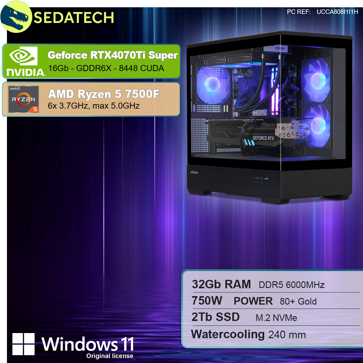 Gaming-pc met RGB-verlichting, componenten zichtbaar. Specificaties: RTX 4070Ti Super, Ryzen 5 7500F en 32GB RAM.