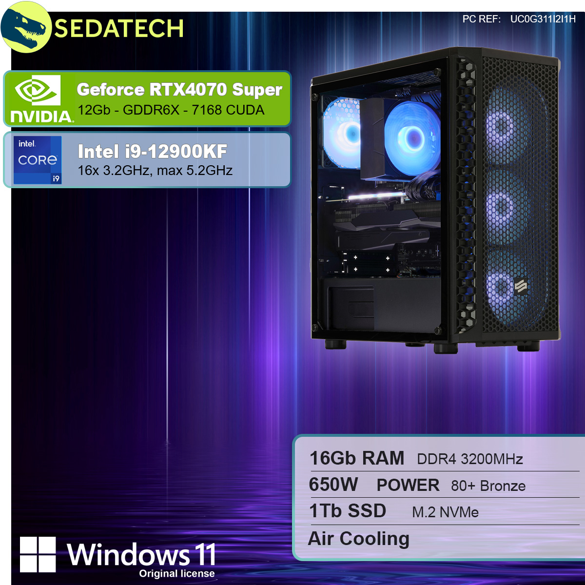 Gaming-PC mit Komponenten, Nvidia GeForce RTX4070 Super, Intel i9-12900KF, 16 GB RAM, 650 W Leistung, Windows 11.