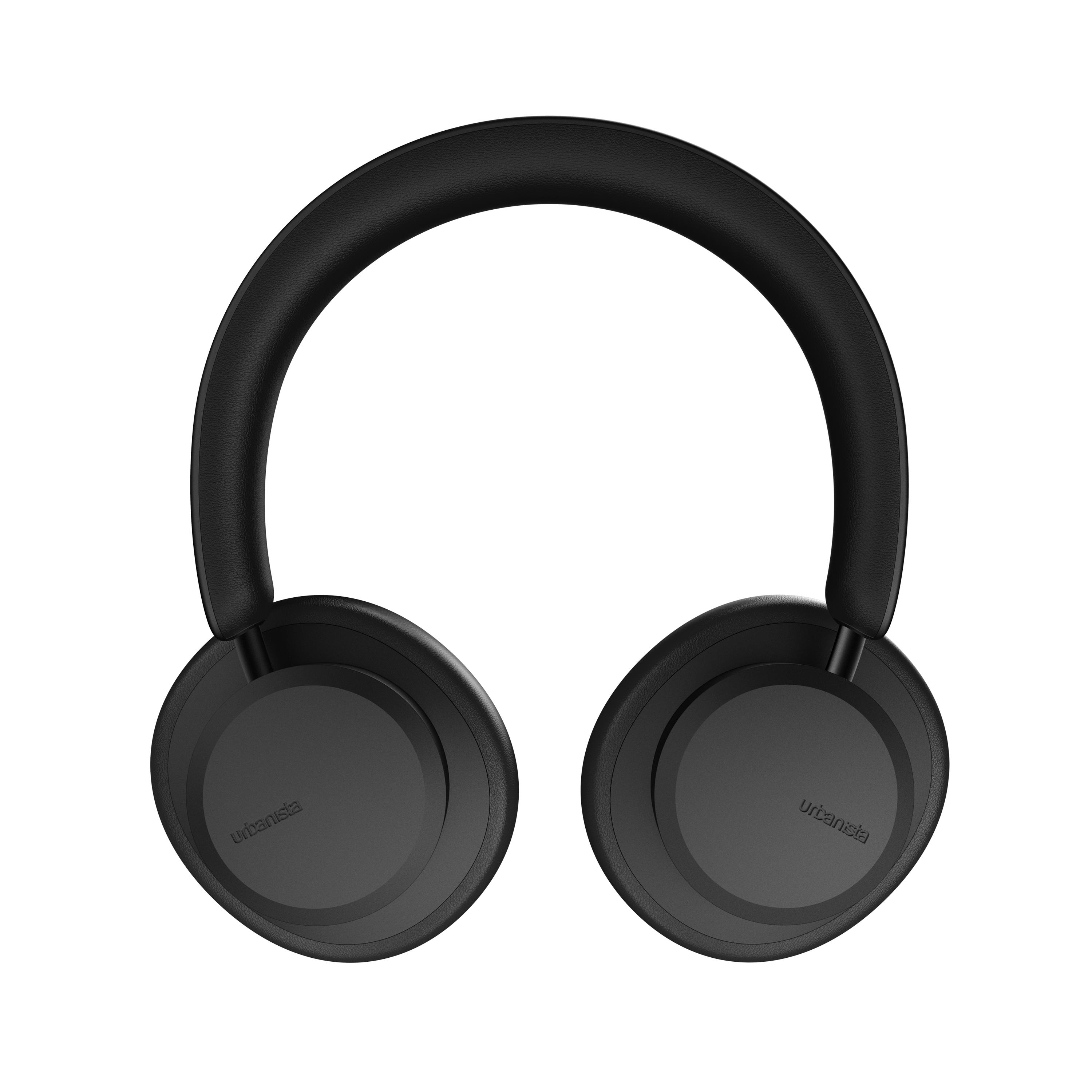 Czarne słuchawki nauszne na czarnym tle.