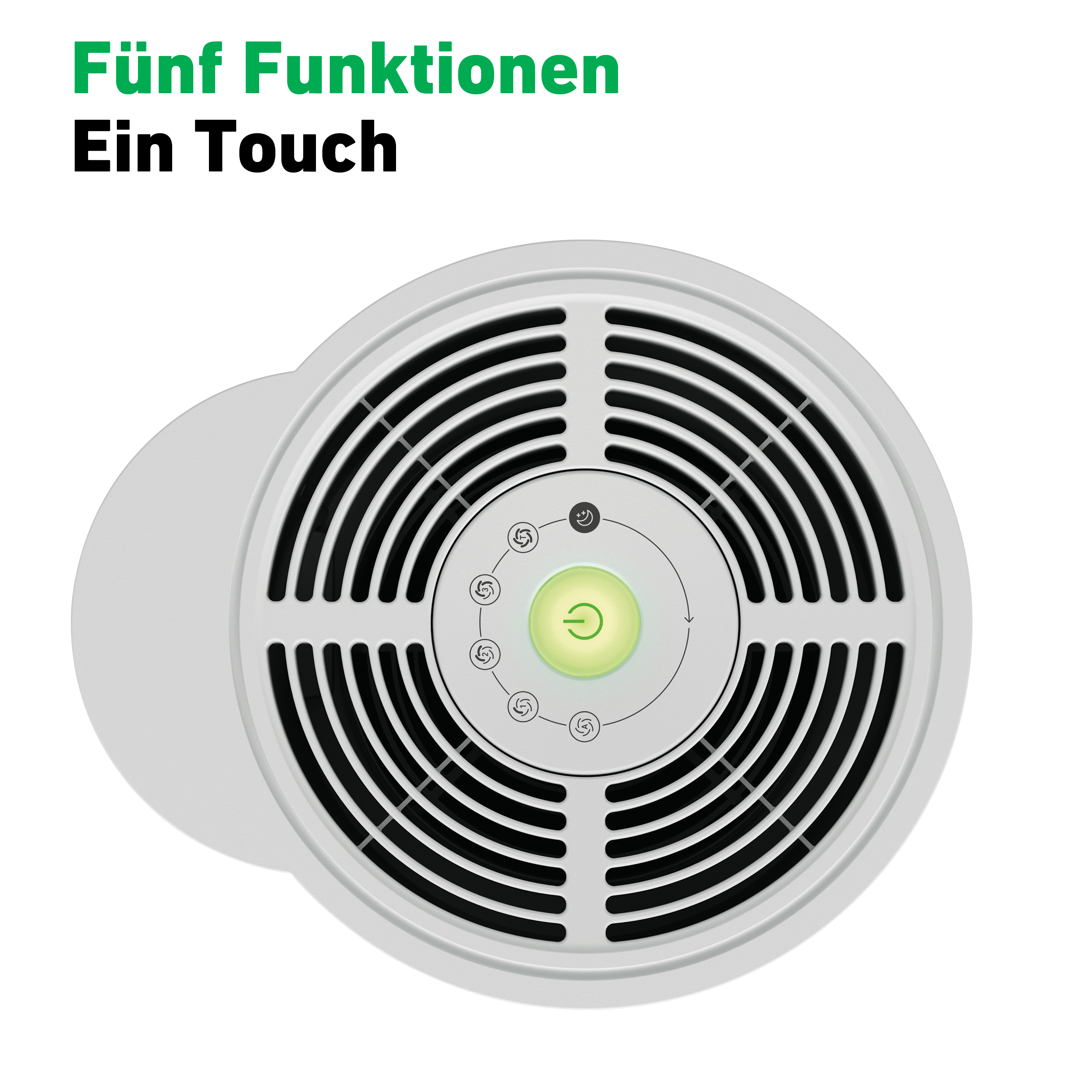 Draufsicht auf einen Luftreiniger. Er hat ein Bedienfeld mit fünf Funktionen.