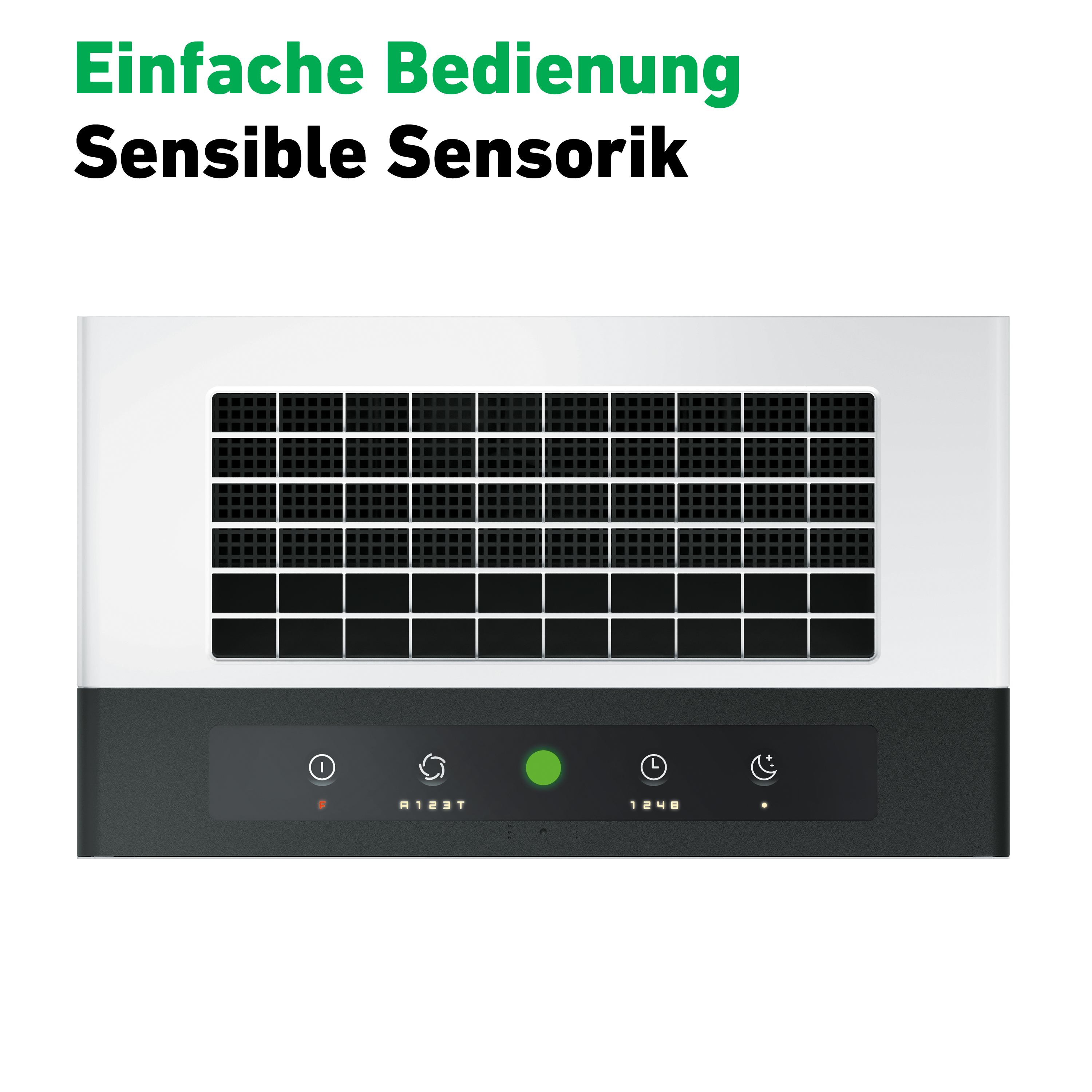 Ein weißes Gerät mit schwarzem Bedienfeld. Das Feld hat Touch-Symbole und Text.