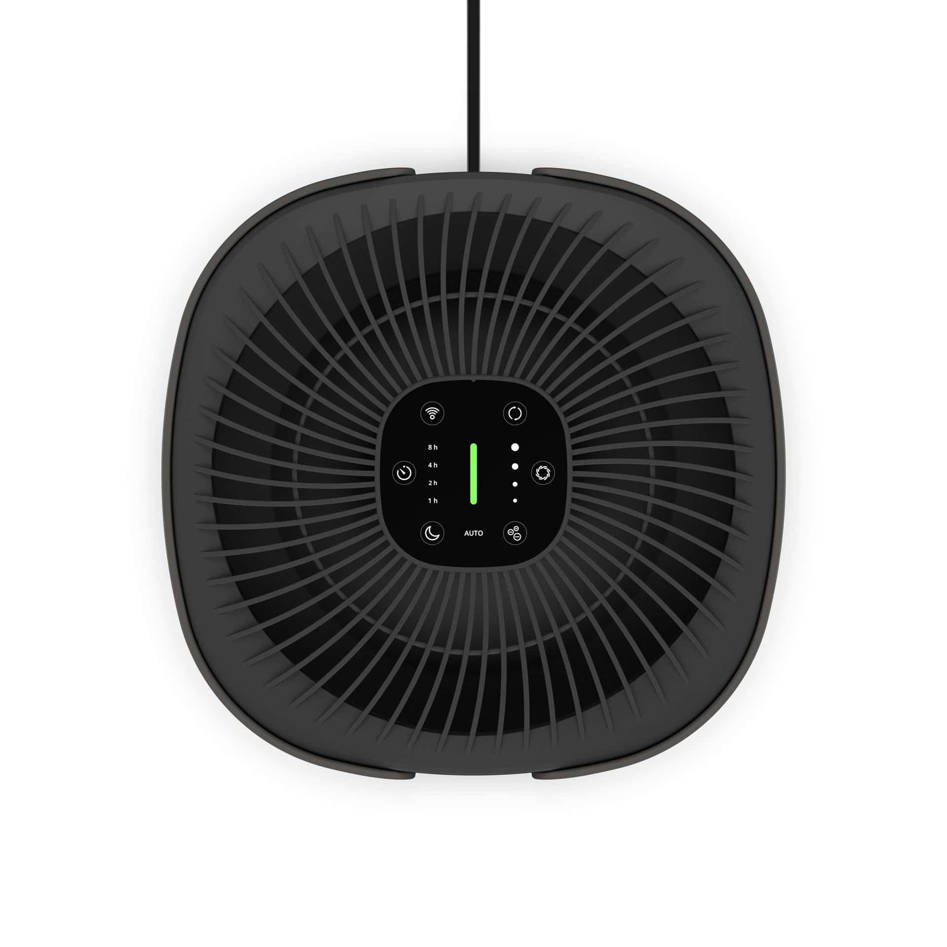 Un purificatore d'aria nero con un design circolare e un display digitale sulla parte superiore.