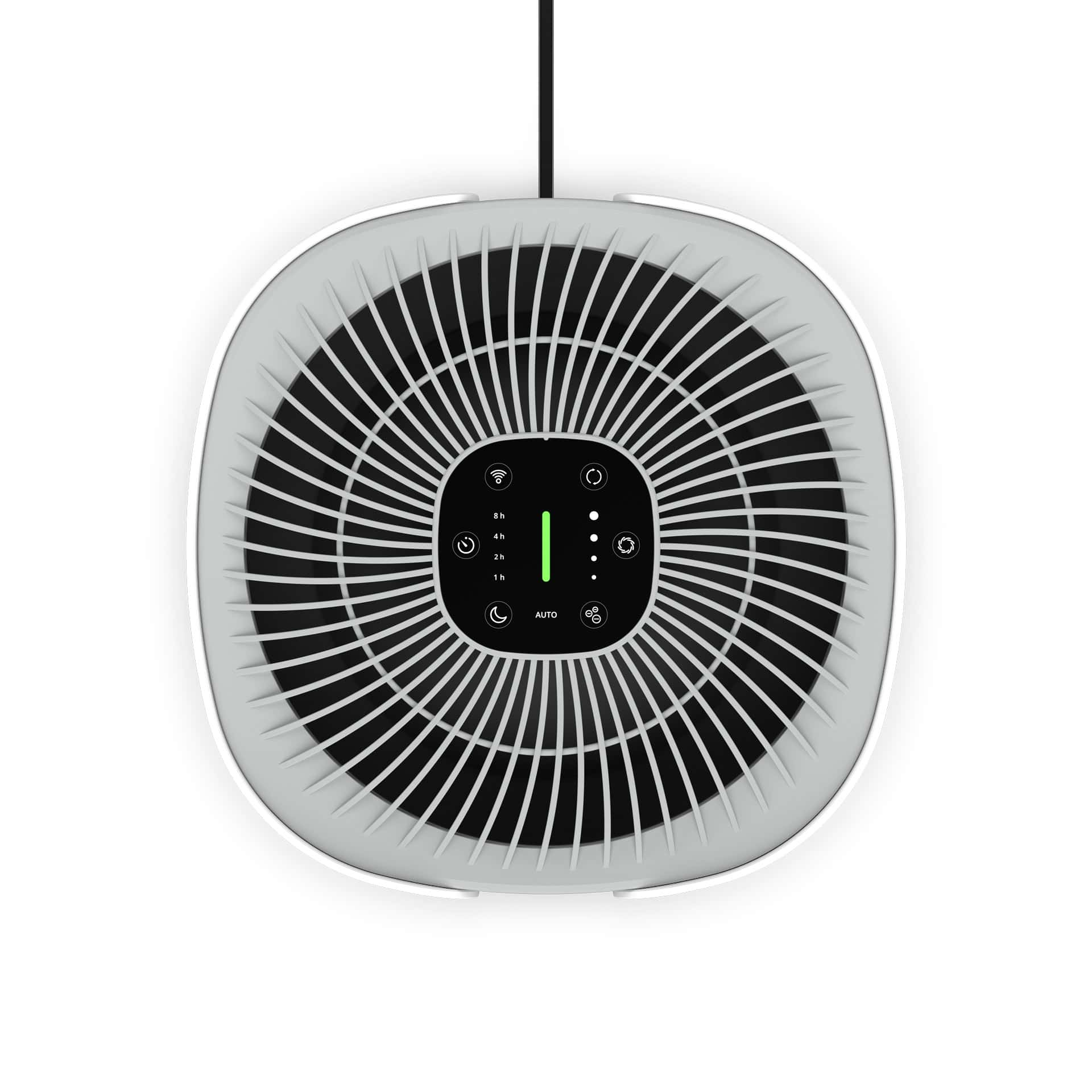 Un purificatore d'aria, vista dall'alto, con un design circolare e un pannello di controllo. Bianco e grigio.