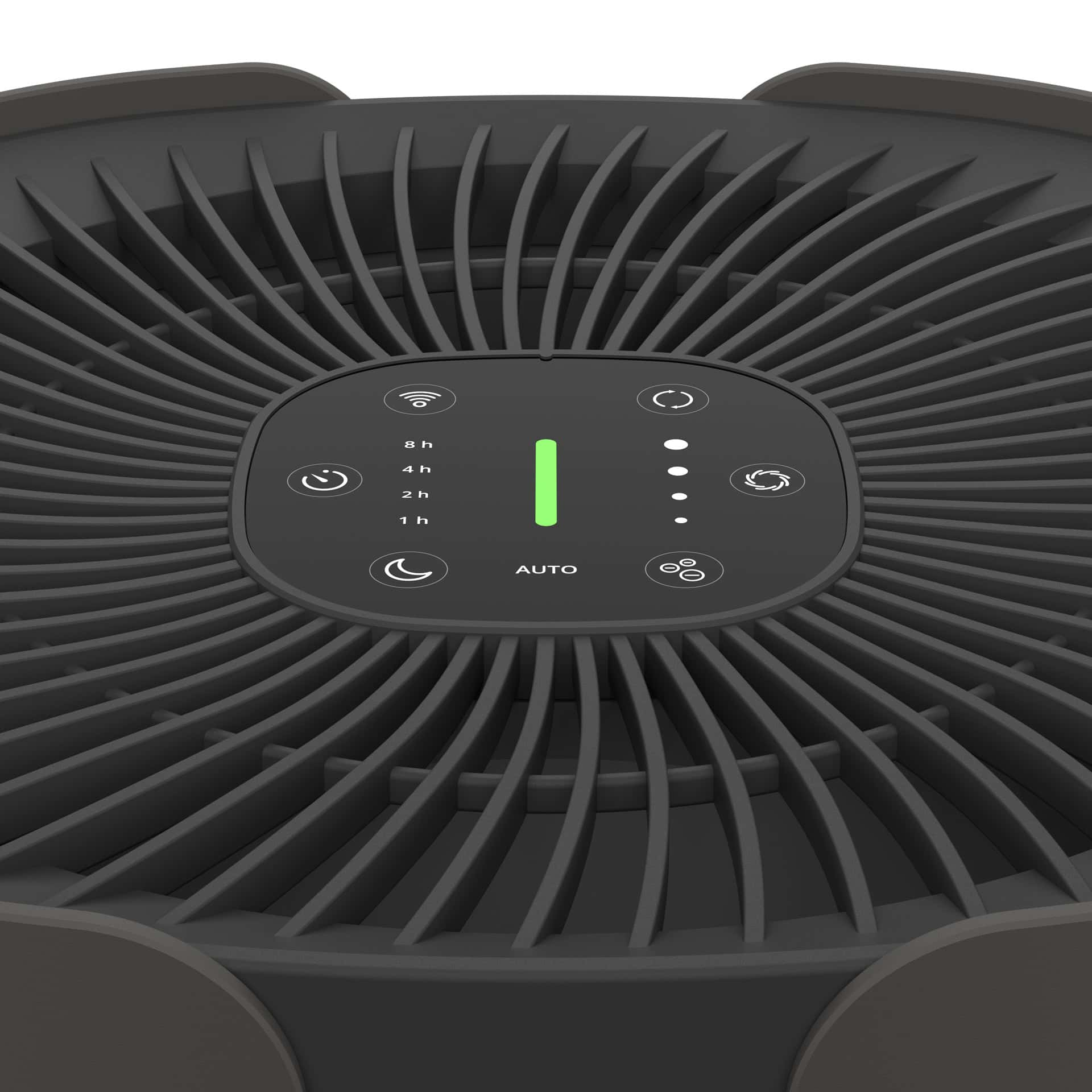 Primo piano di un pannello di controllo di un purificatore d'aria nero con pulsanti.