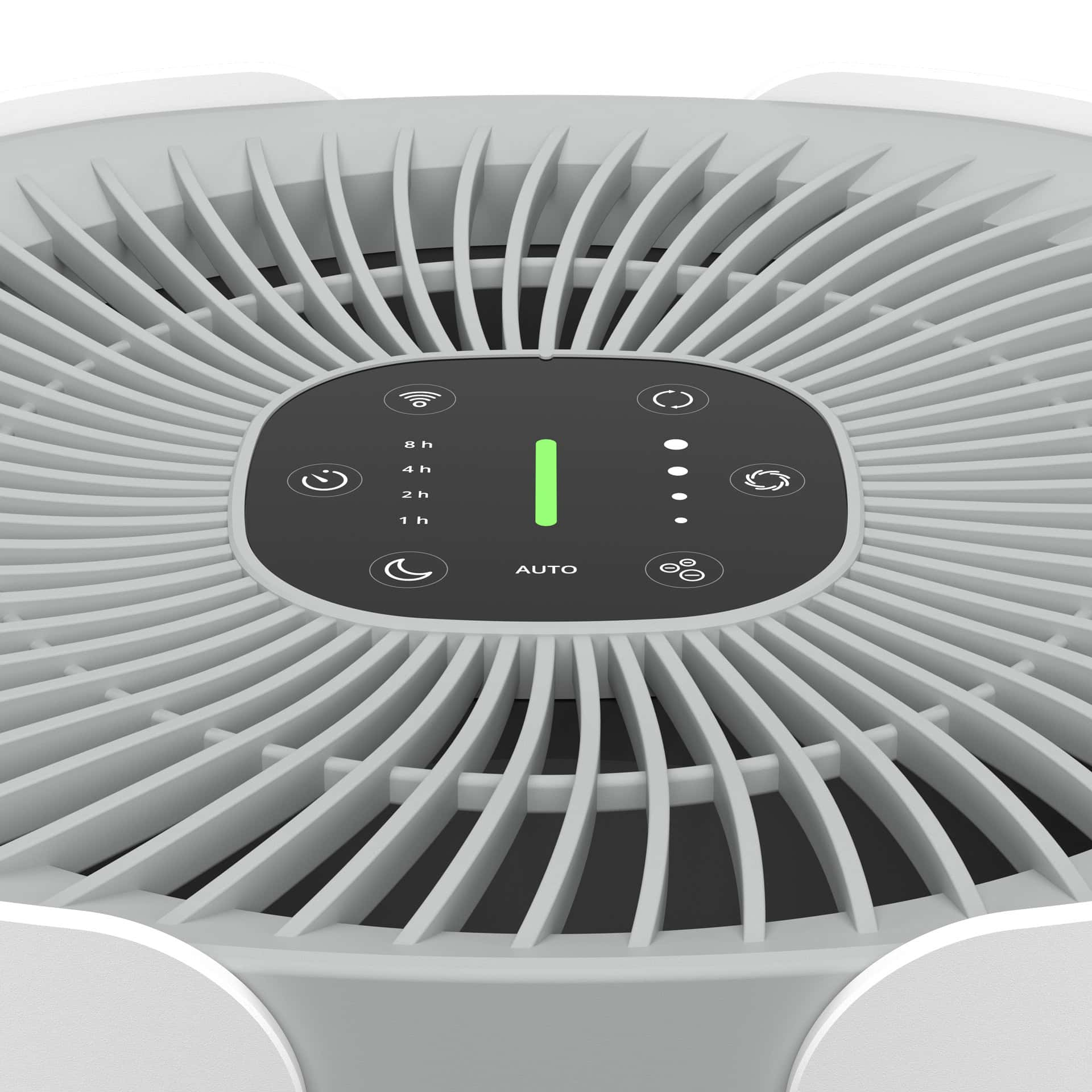 Un ventilatore bianco con display digitale. Pulsanti e una luce verde sul display.