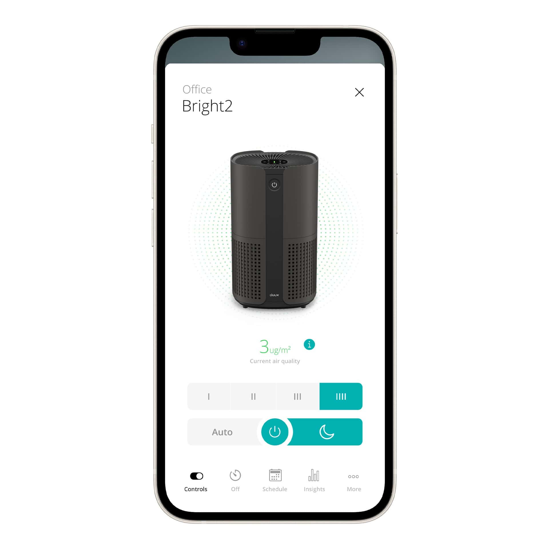 Uno schermo del telefono che mostra l'interfaccia di un'app per purificatore d'aria con metriche sulla qualità dell'aria.