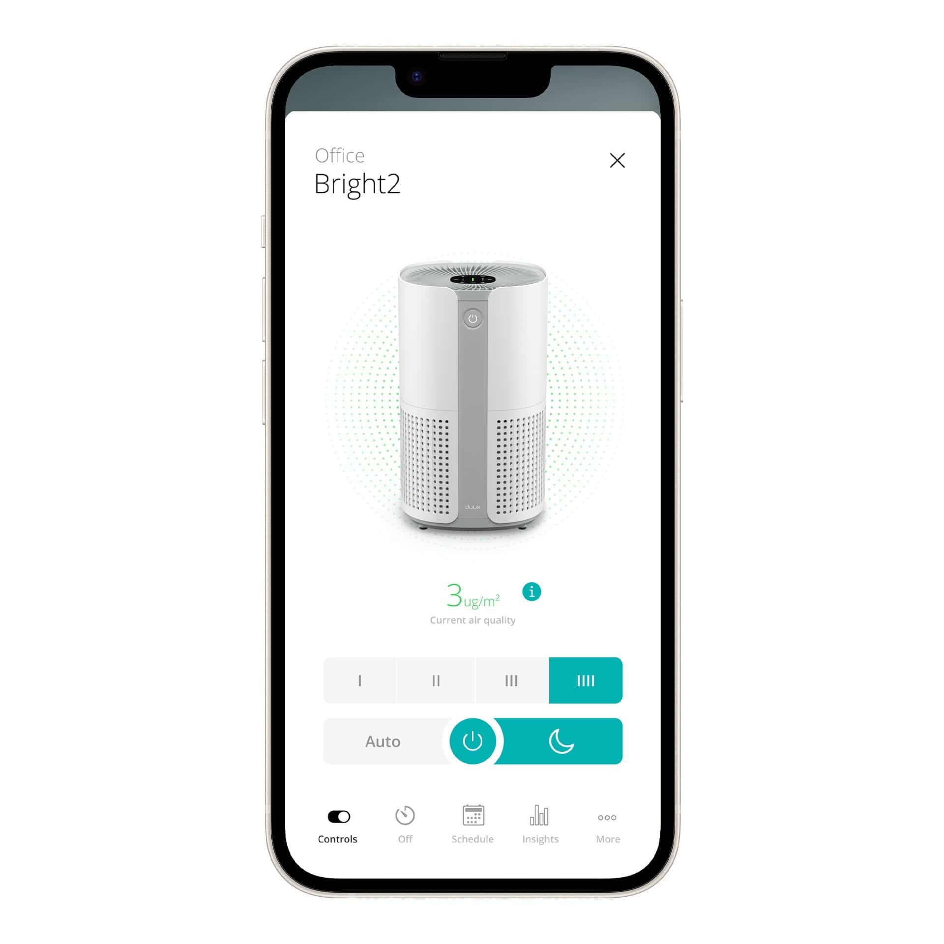 Ein Smartphone-Bildschirm, der eine Luftreiniger-Oberfläche anzeigt. Zeigt den Luftqualitätswert und Steuerungsmöglichkeiten.