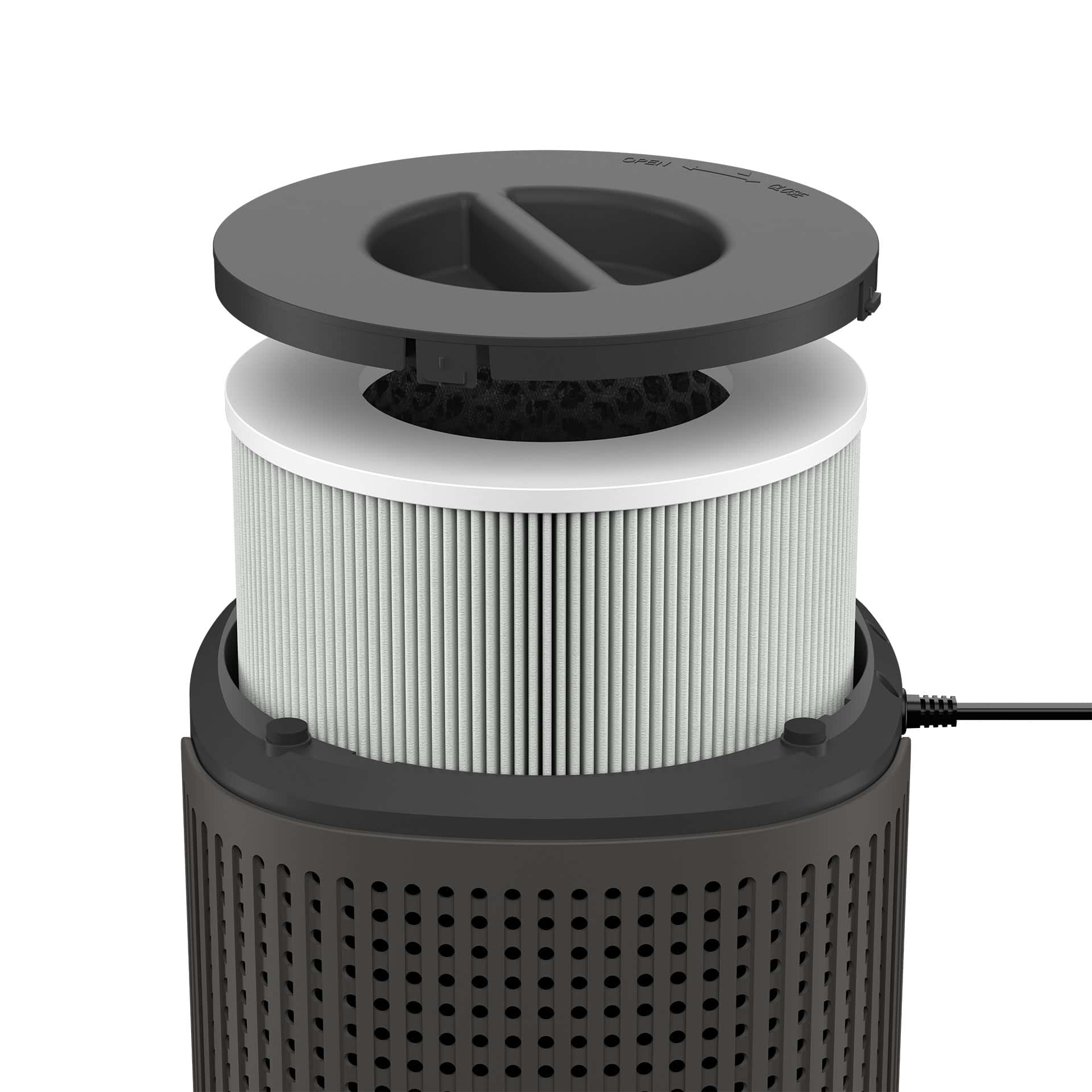 Filtro purificatore d'aria con coperchio superiore rimosso. Design cilindrico con fori e filtro bianco.