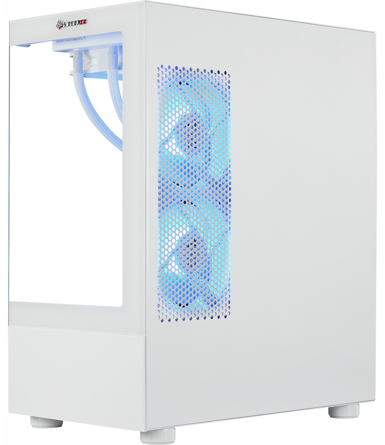 Boîtier d'ordinateur blanc avec un panneau latéral en verre. Les ventilateurs brillent en bleu. L'avant est blanc uni et rectangulaire.