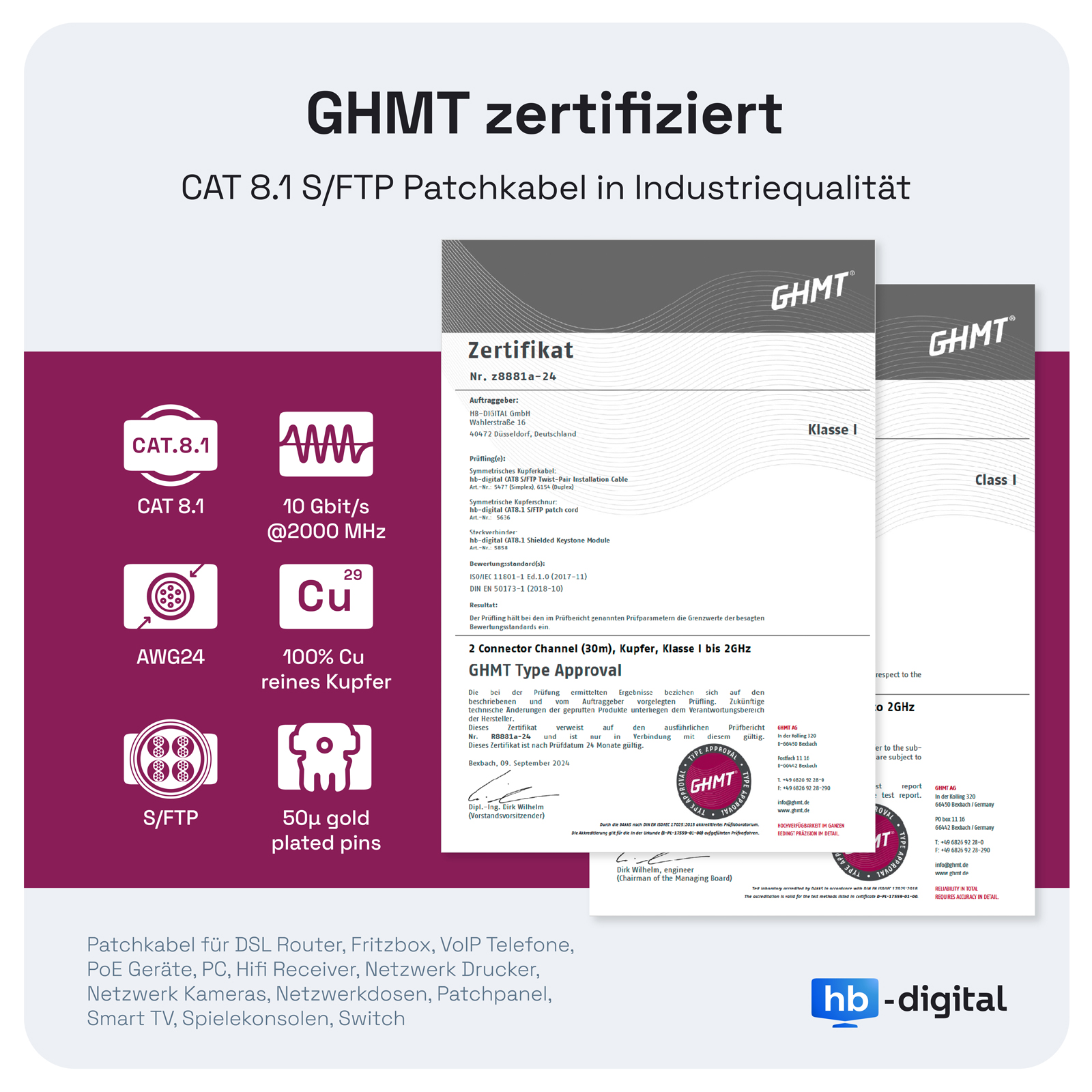 Zertifikate mit Text und Logos. Der Text ist auf Deutsch. Die Zertifikate sind für ein Kabel.