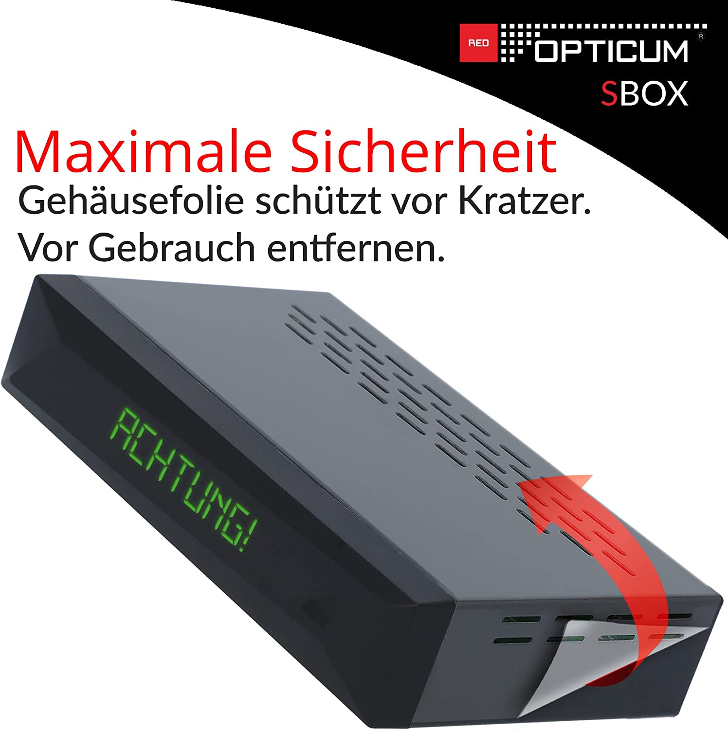 Schwarzes rechteckiges Gerät mit Text und abziehbarer Folie. Roter Pfeil zeigt die Folienentfernung.