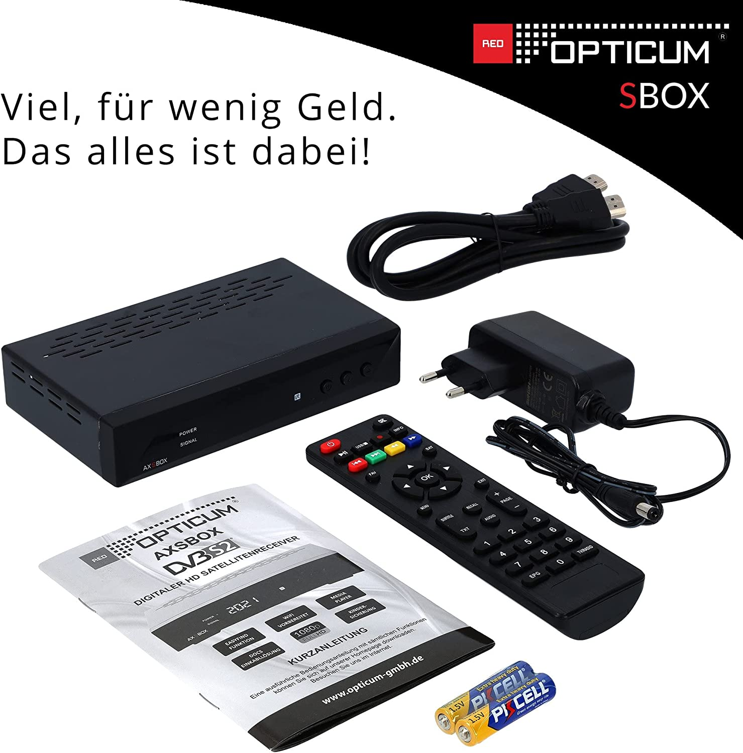 Schwarze Set-Top-Box mit Fernbedienung, Kabeln und Zubehör.