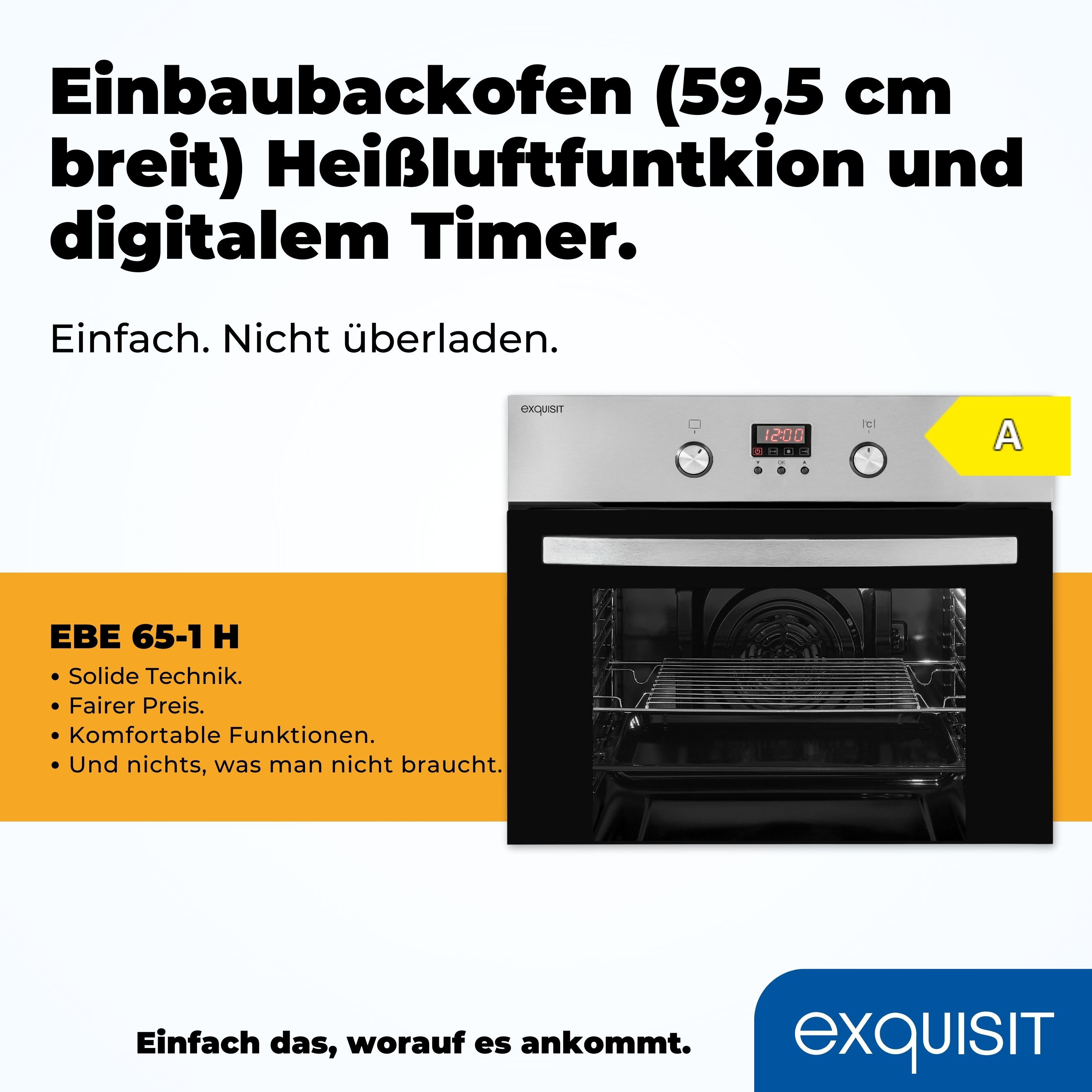 Ein silberner Einbauofen mit schwarzer Tür, Timeranzeige und gelbem Energieetikett.