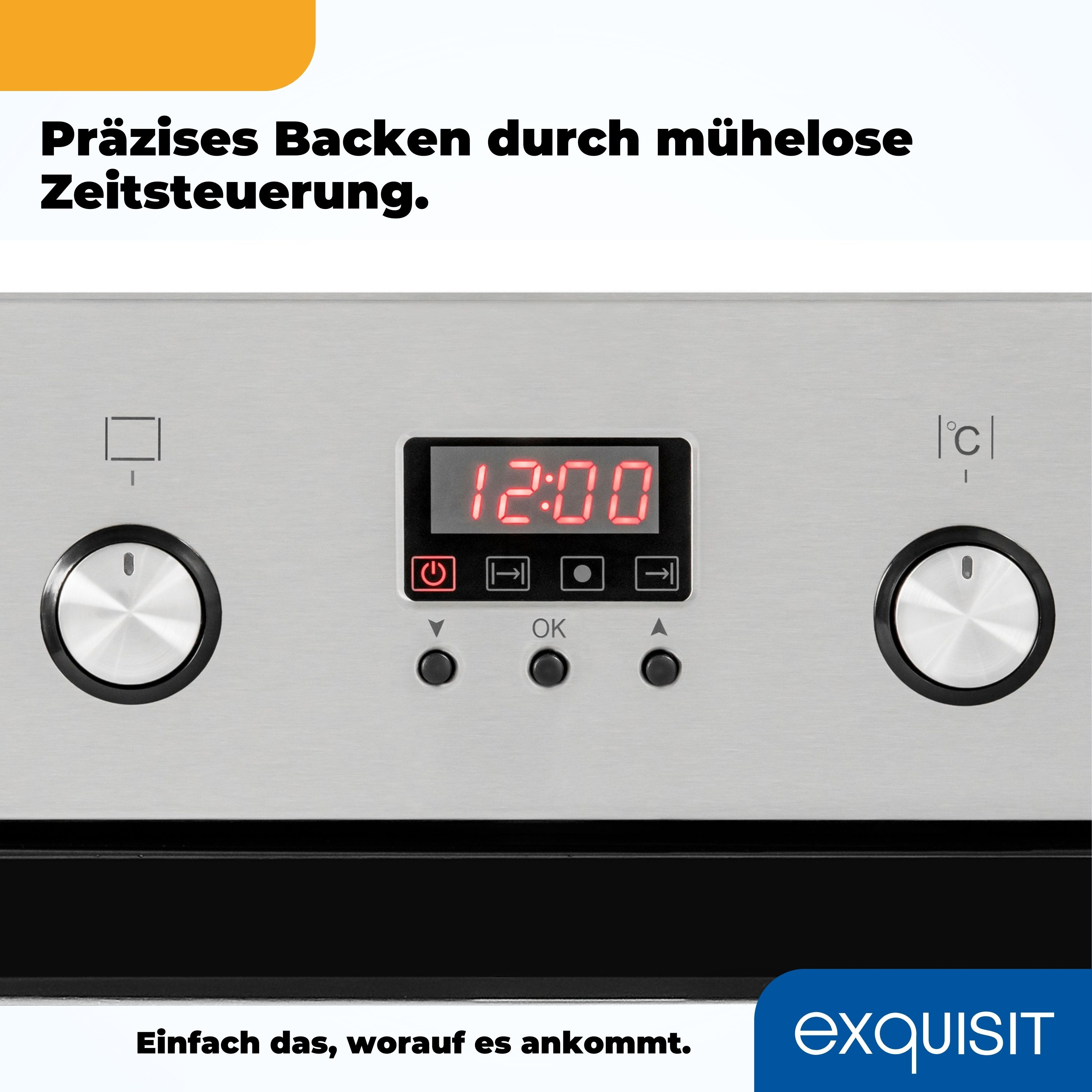 Backofen-Bedienfeld. Zeigt die Zeit an, mit Tasten und Knöpfen. Silbermetall-Finish. Text auf Deutsch.