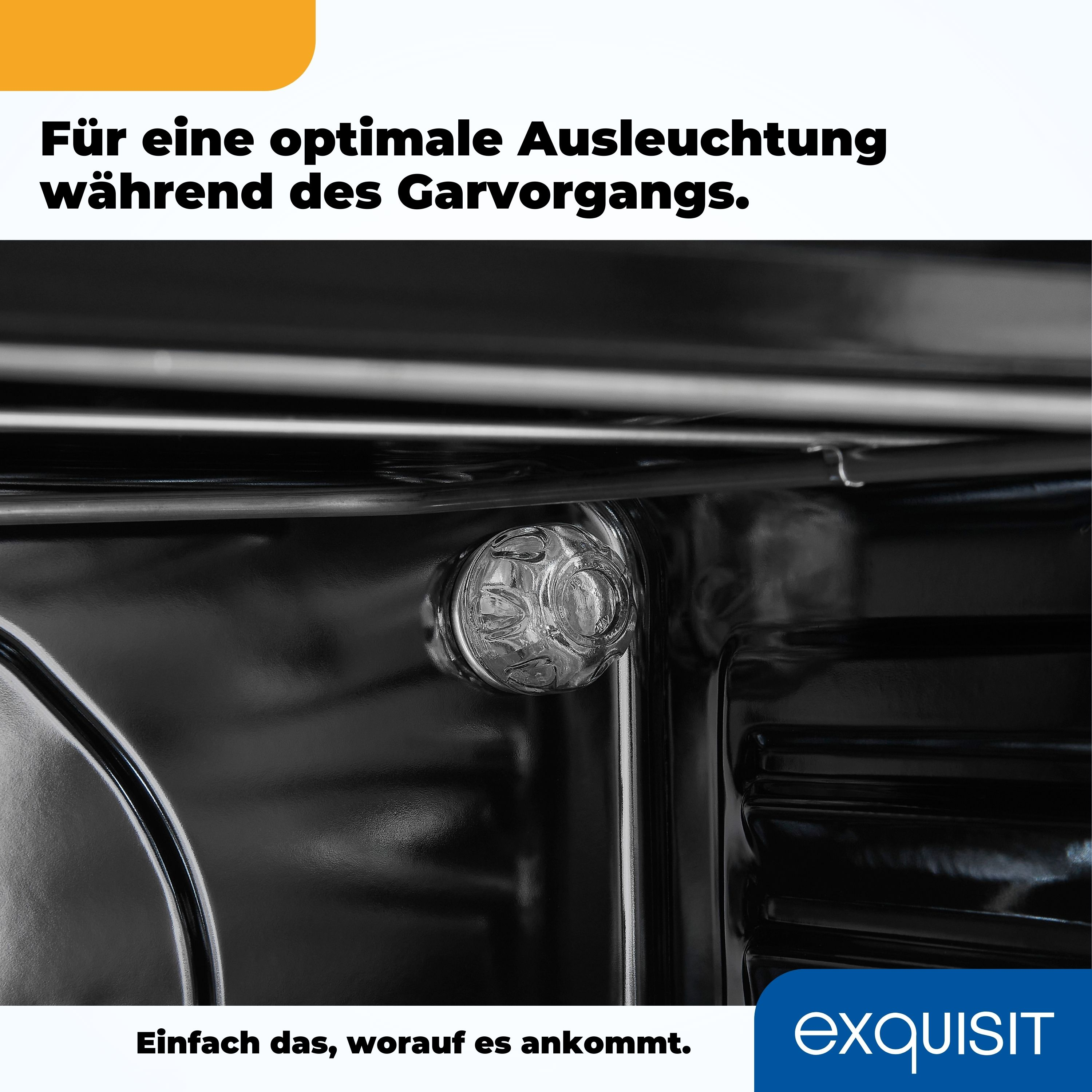 Nahaufnahme einer Backofenleuchte im Ofen, mit einem Slogan über optimale Beleuchtung.