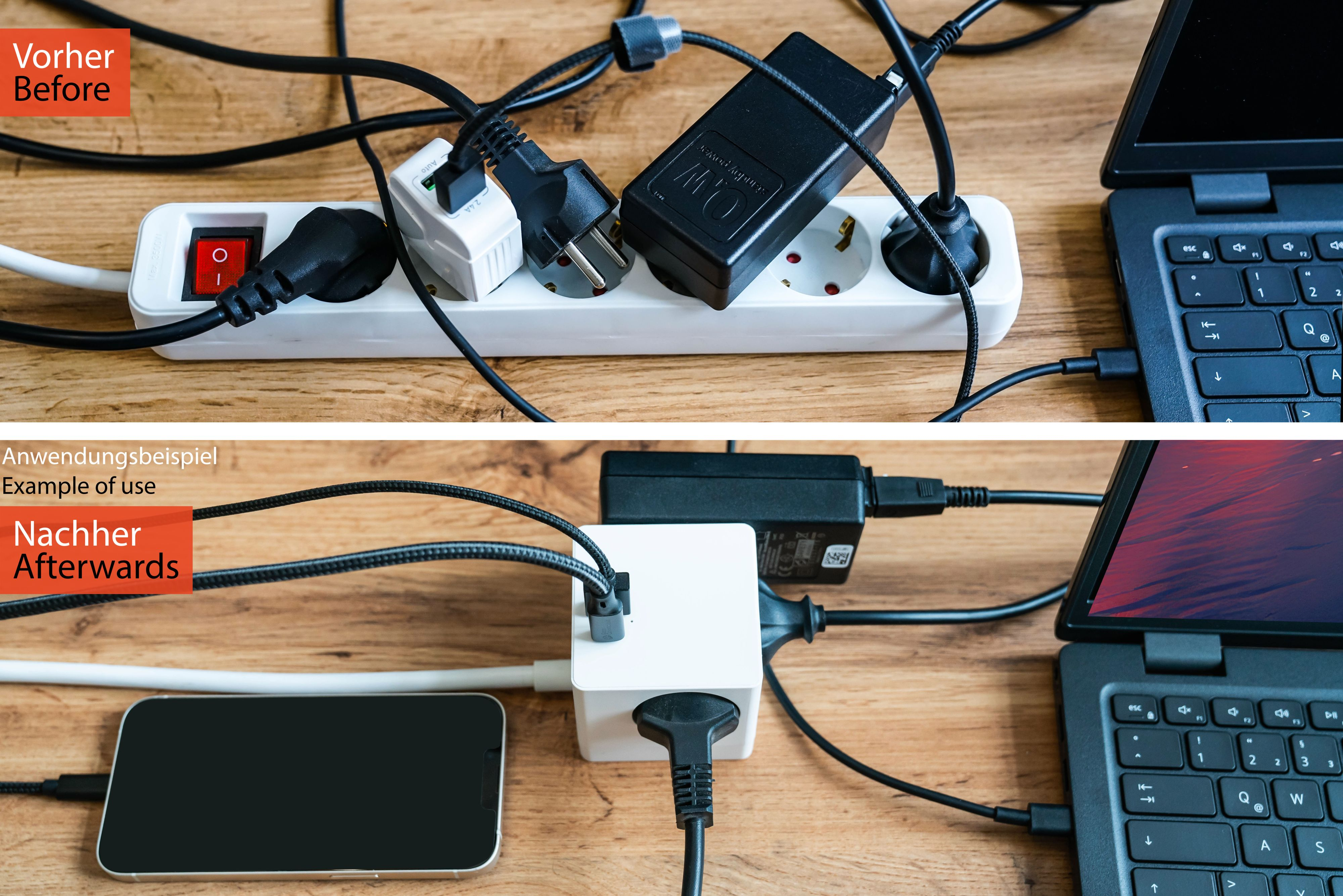 Dwa zdjęcia: Przed, splątane listwy i wtyczki. Po, uporządkowany hub i mniej kabli.