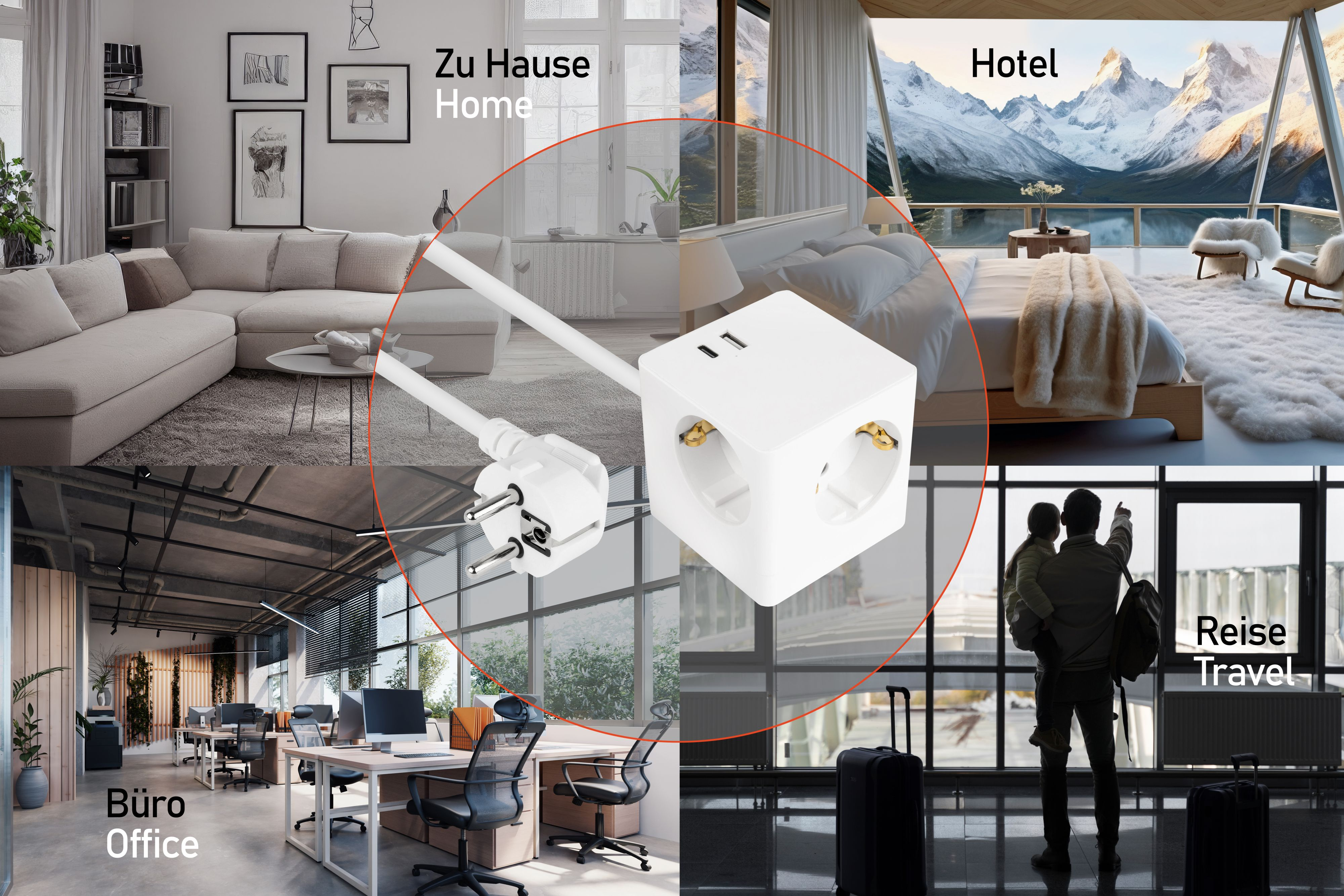 Gniazdo elektryczne z wieloma wtyczkami, kablem i tekstem wskazującym na użytkowanie w domu, biurze, podróży i hotelu.