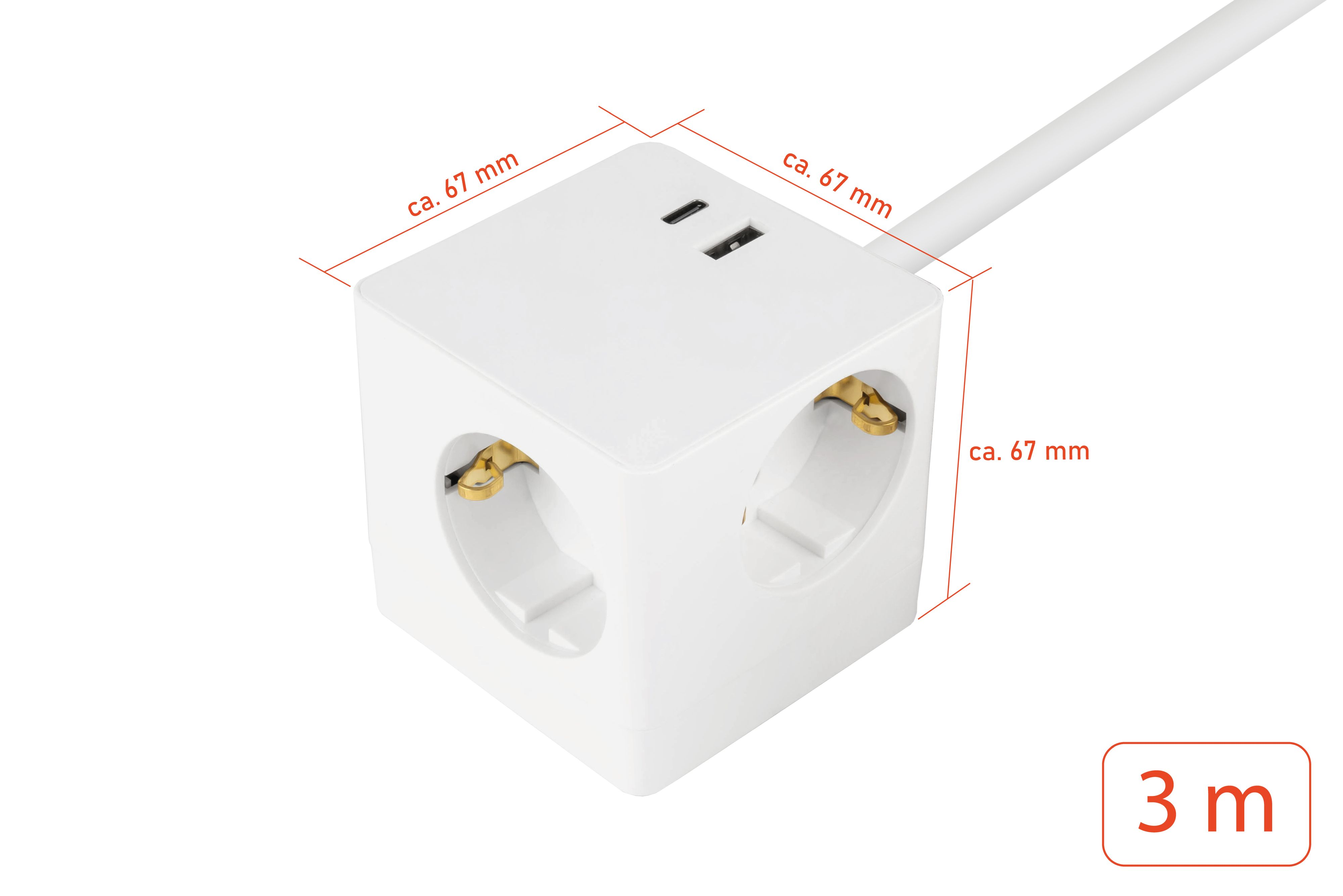 Presa multipla a cubo bianca con prese e porte USB, con misure.