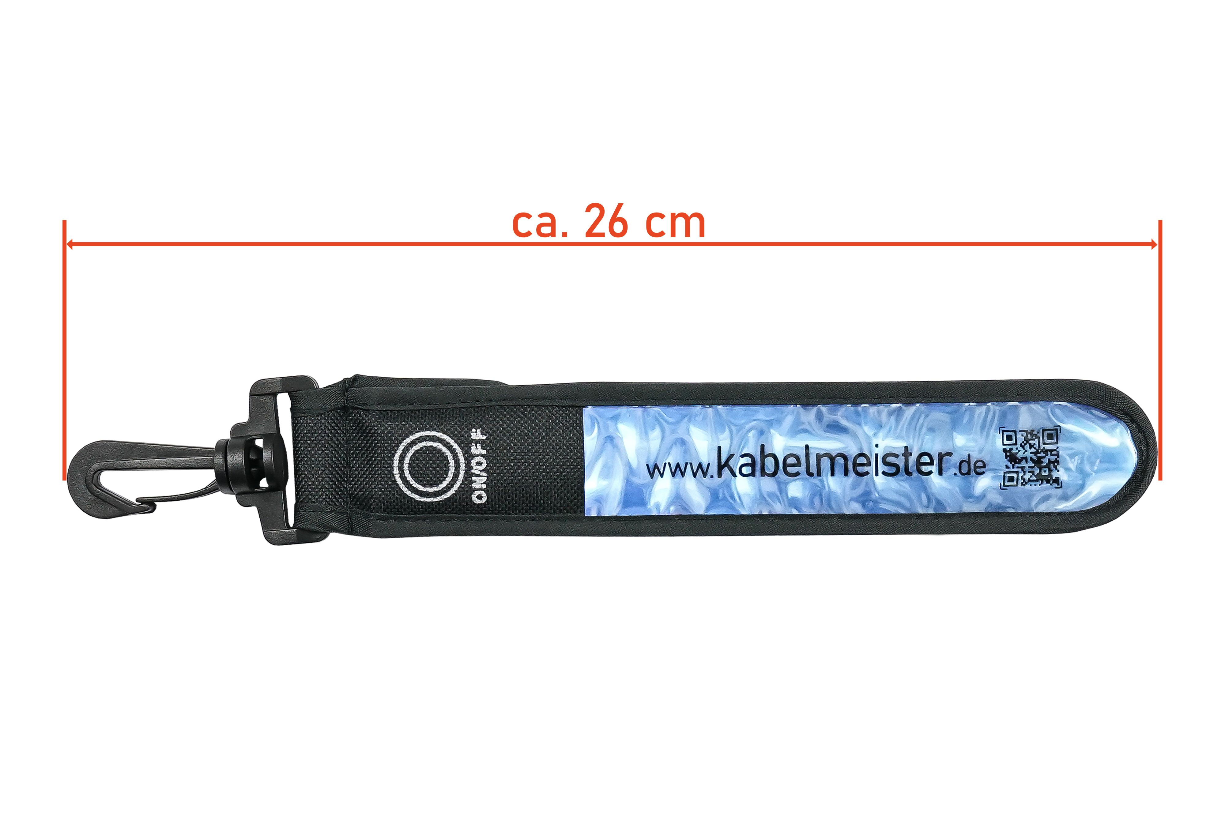 Reflektierendes Band mit Schnalle und Text, als 26 cm lang markiert.