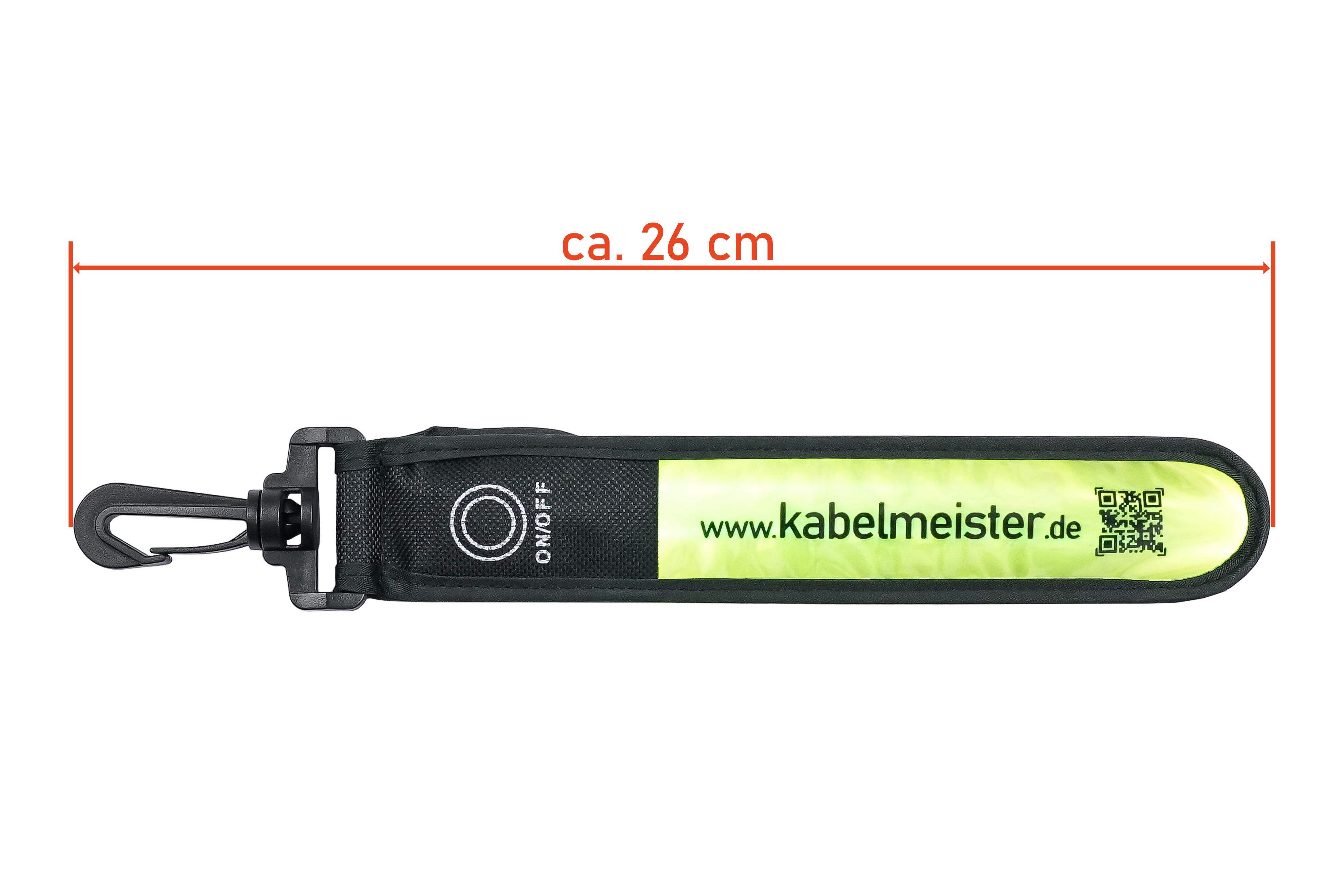 Ein schwarzer und neongrüner reflektierender Sicherheitsgurt mit dem Text 'www.kabelmeister.de' und einem Haken.