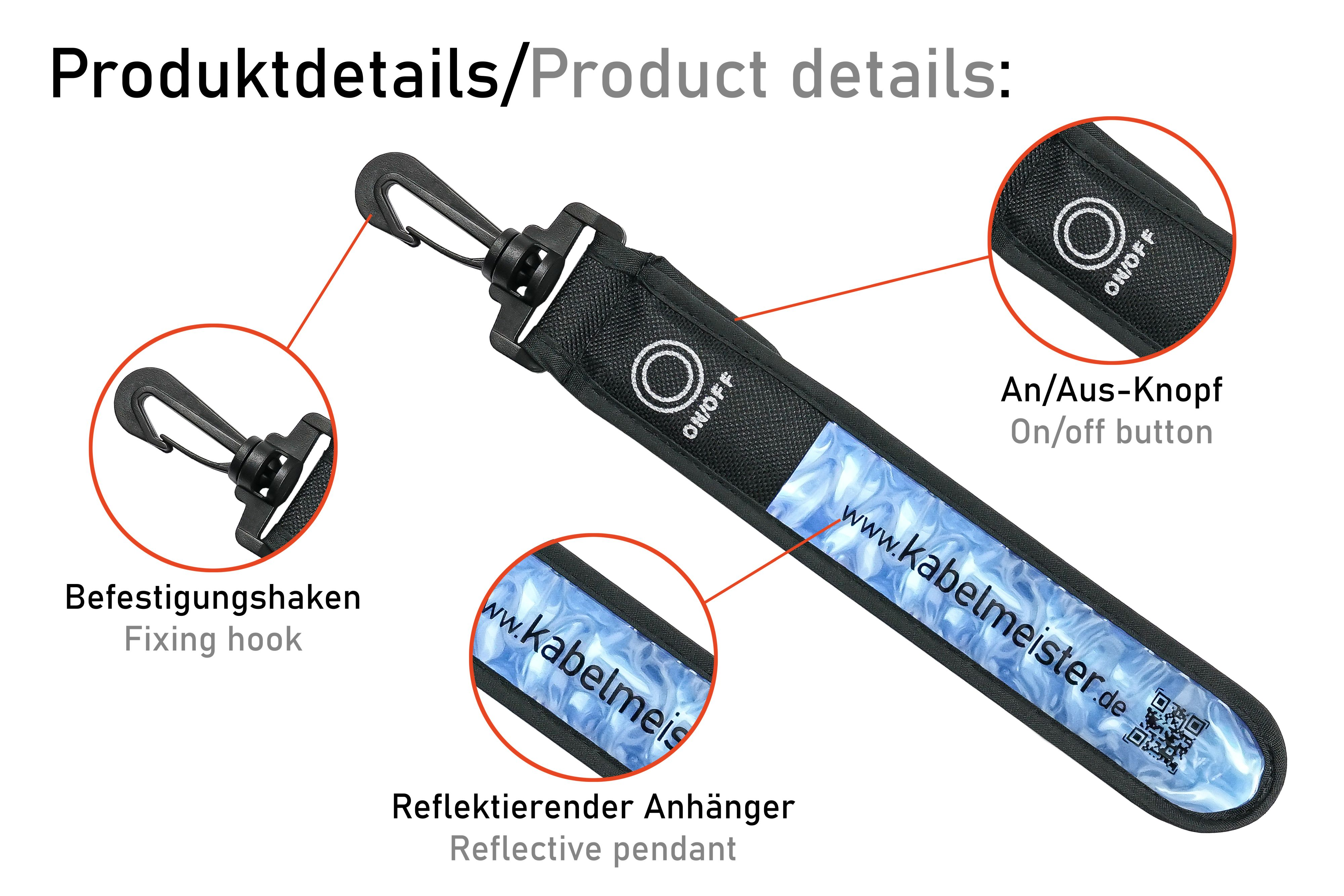 Ein schwarzer und blauer reflektierender Sicherheitshänger mit Ein/Aus-Knopf und Befestigungshaken.