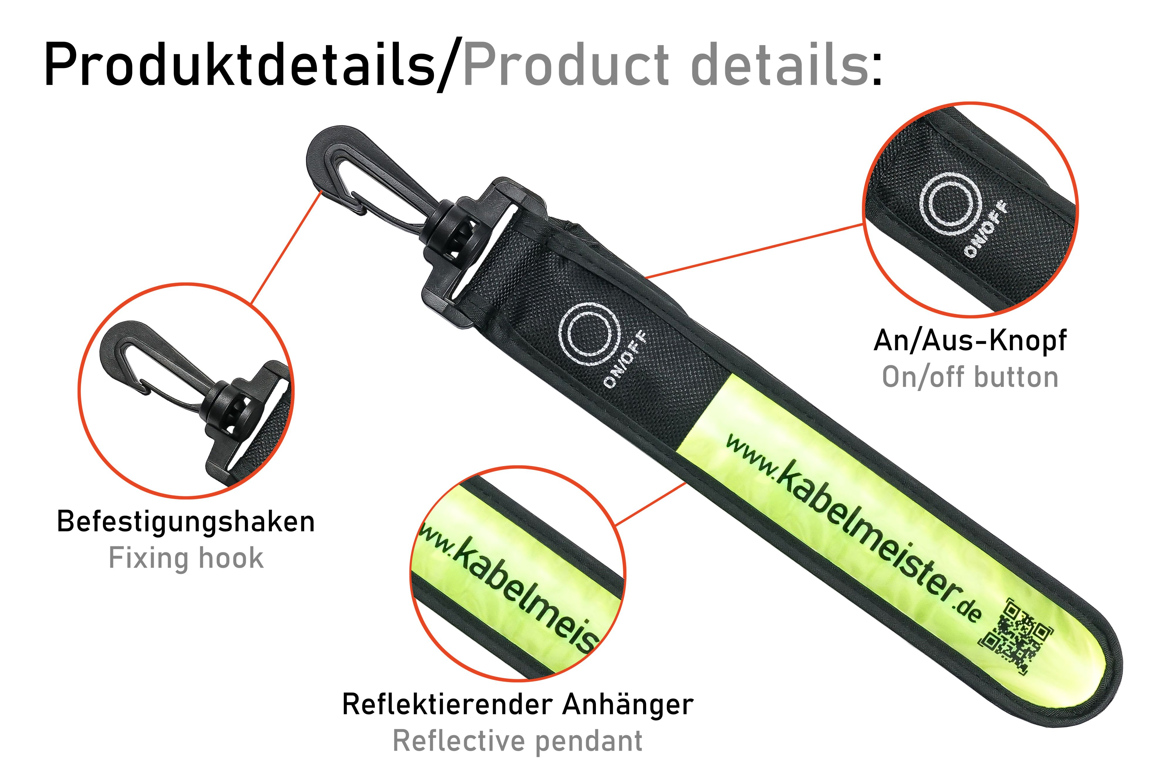 Reflektierender Anhänger mit Karabiner und Ein/Aus-Knopf. Der Anhänger hat Text und einen QR-Code.