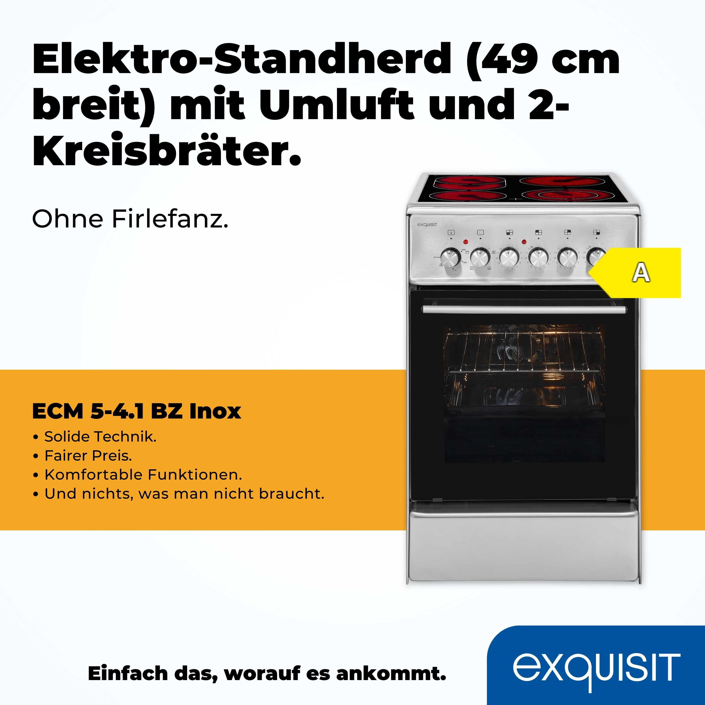 Weißer Ofen mit roter Kochfeld, Text beschreibt Funktionen. Ein Energieeffizienzlabel wird ebenfalls angezeigt.