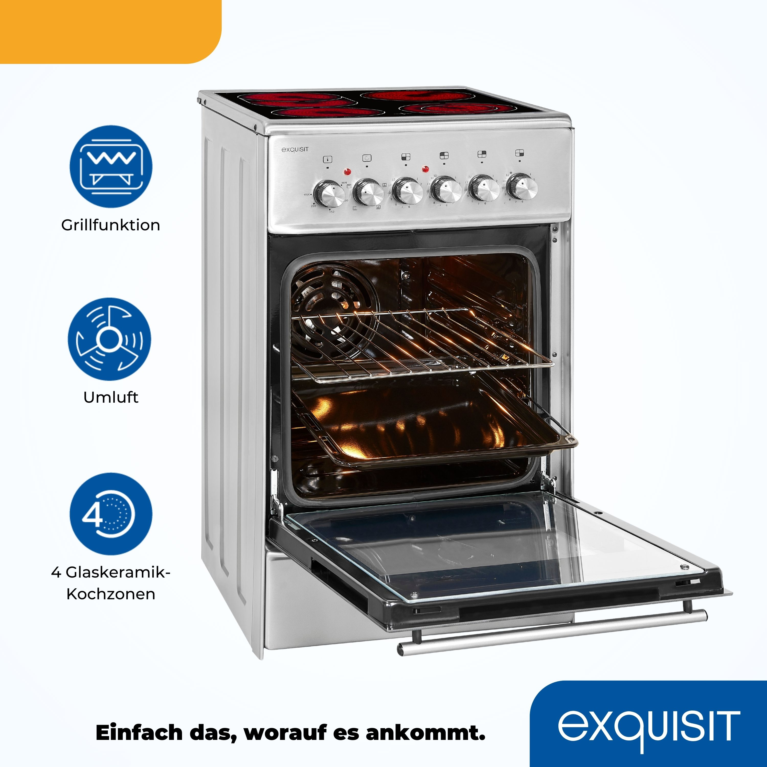 Silberner Elektrobackofen mit offener Tür, Innenansicht. Weißer Hintergrund.