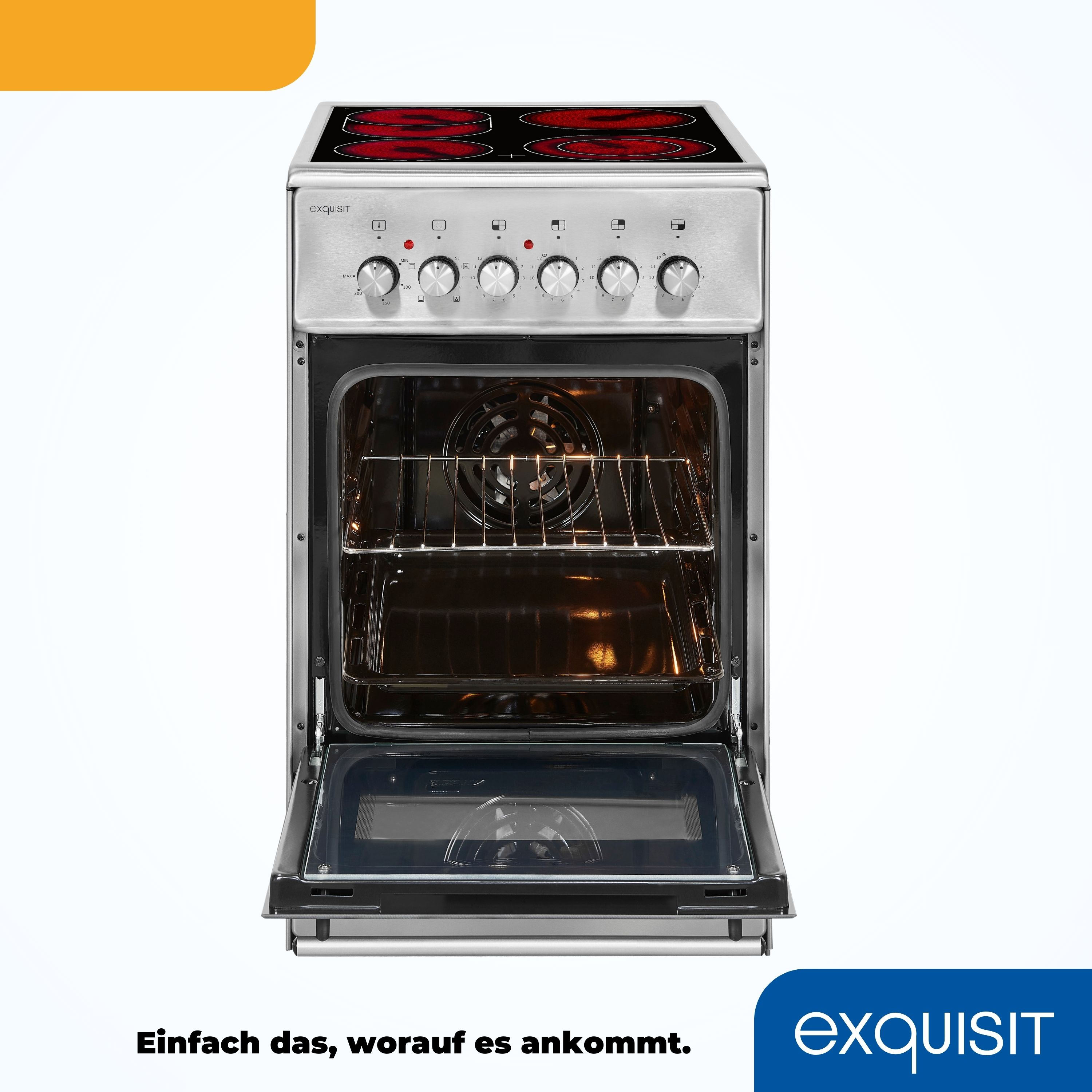 Silberner Backofen mit offener Tür, Innenraum und Bedienelemente.