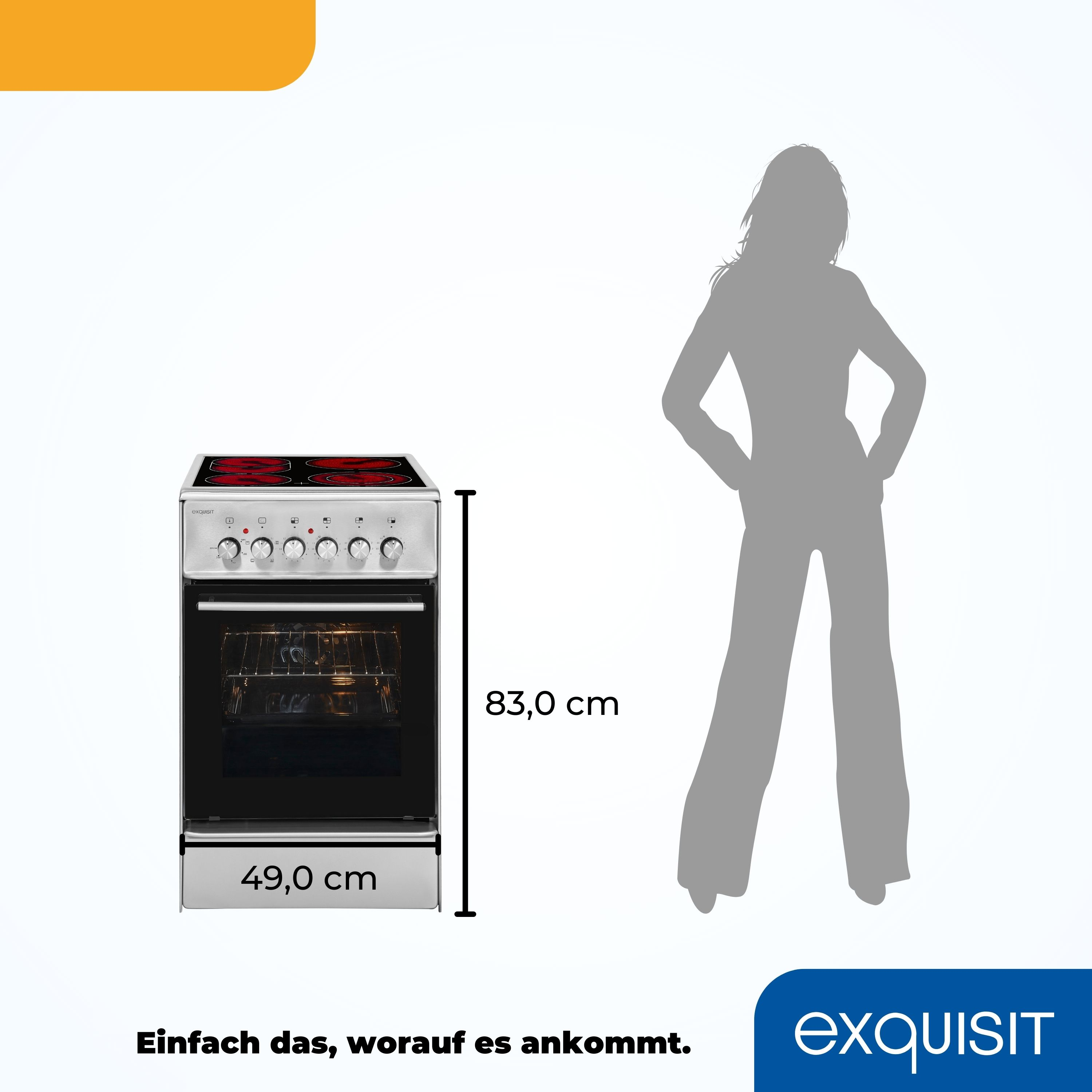 Ein silberner und schwarzer Ofen mit einer Personensilhouette daneben, Maße markiert. Der Ofen hat eine Glastür.
