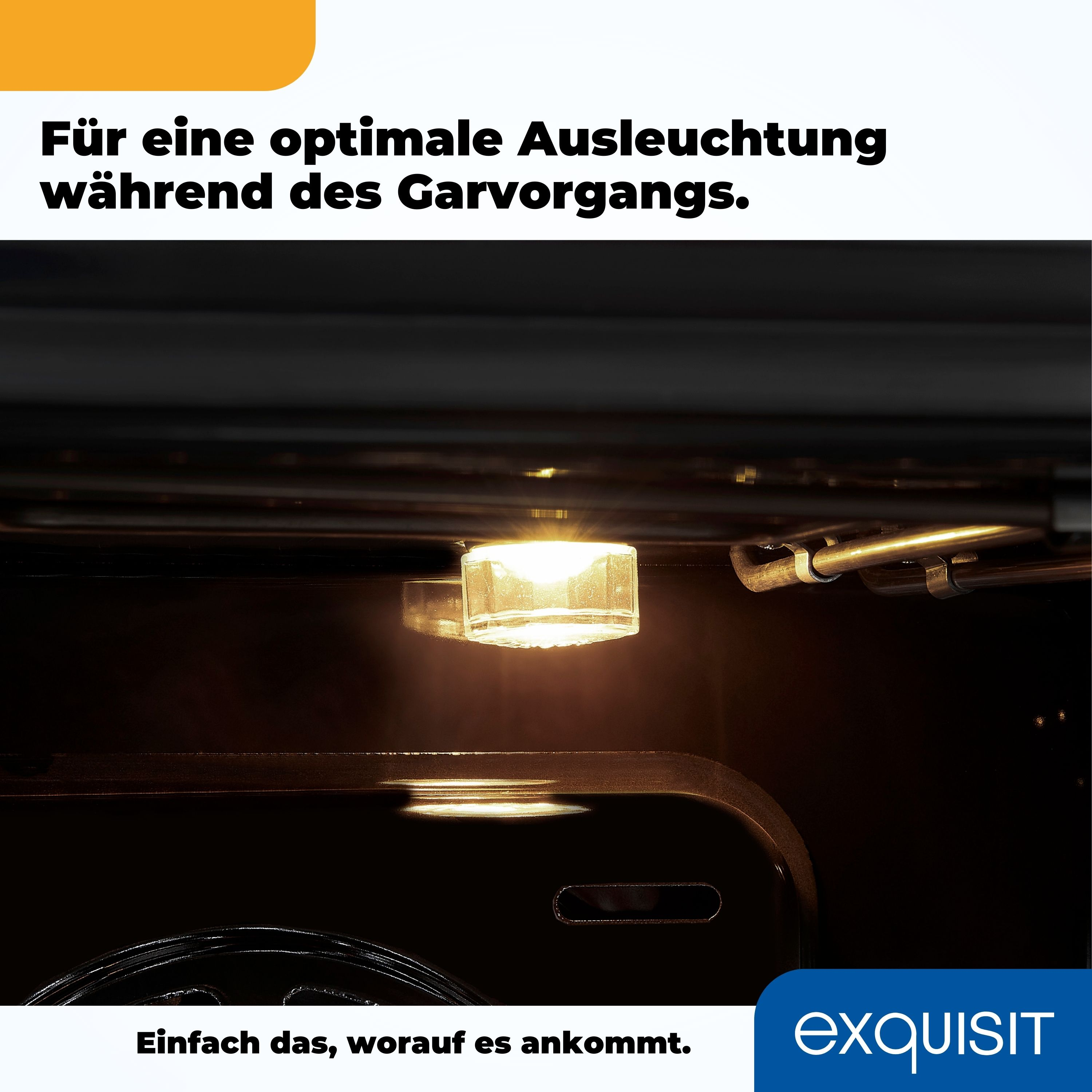 Backofeninnenraum mit Licht an. Text auf Deutsch, Markenname darunter.