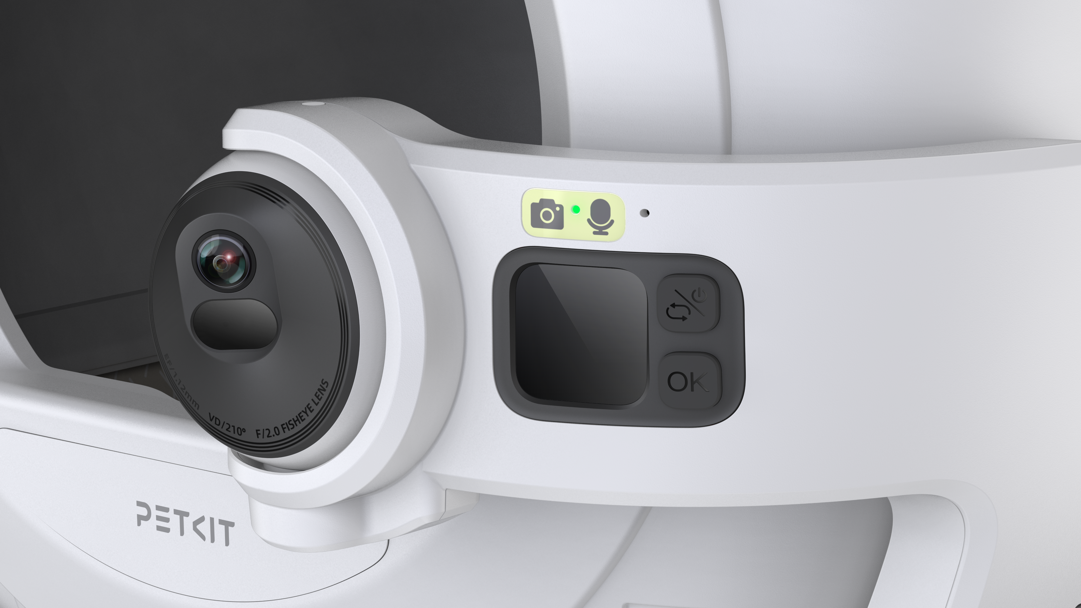 Dispositivo inteligente blanco con cámara, micrófono y botones. Texto: PETKIT.