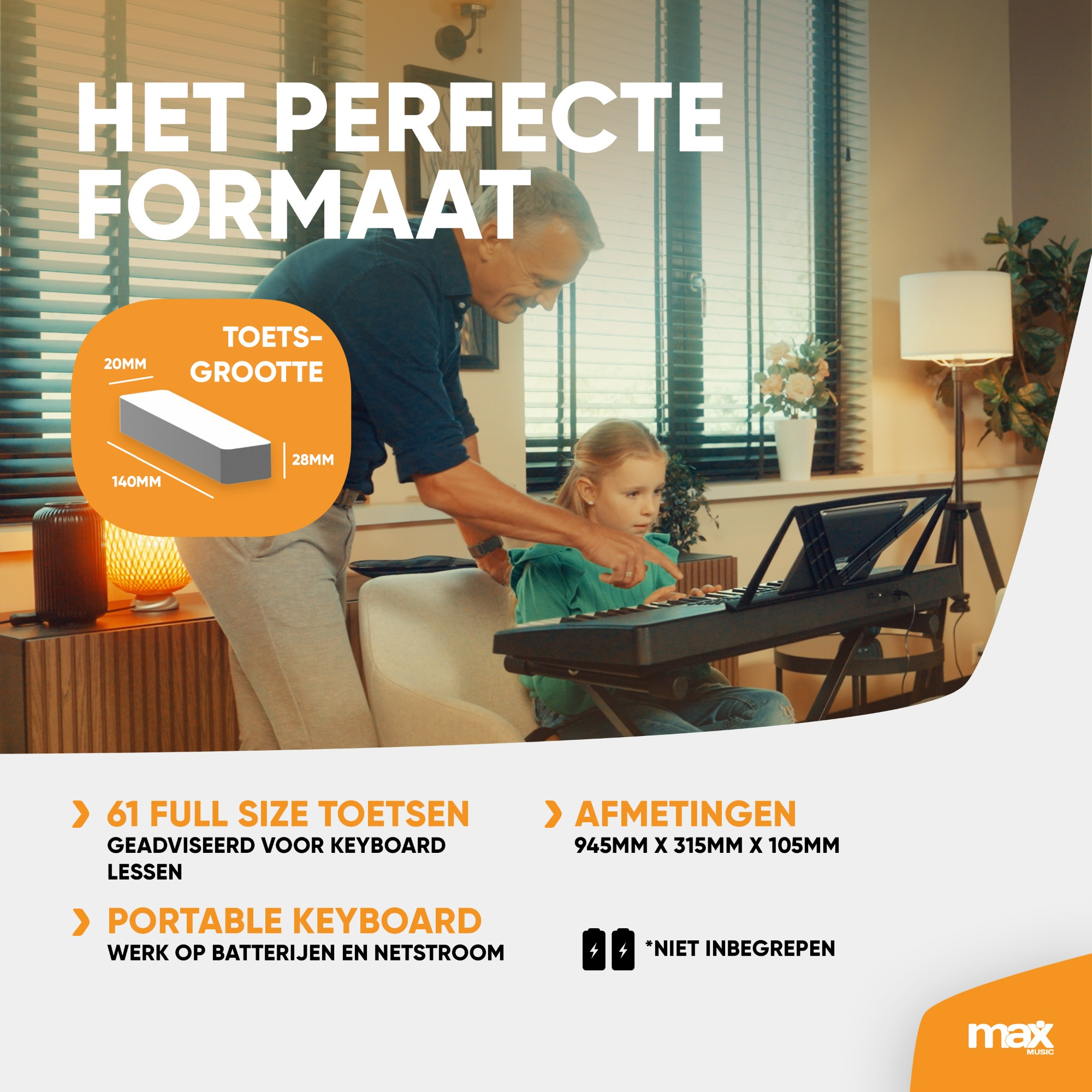 Man en meisje bij een keyboard. Tekst op de afbeelding. Afmetingen keyboard, 61 toetsen, draagbaar.