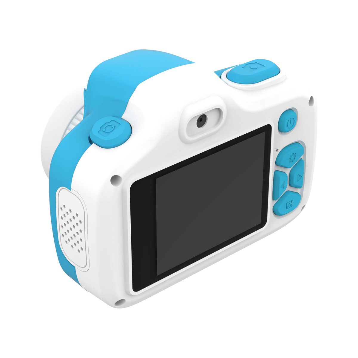 Cámara digital blanca y azul para niños, con pantalla negra y botones azules.