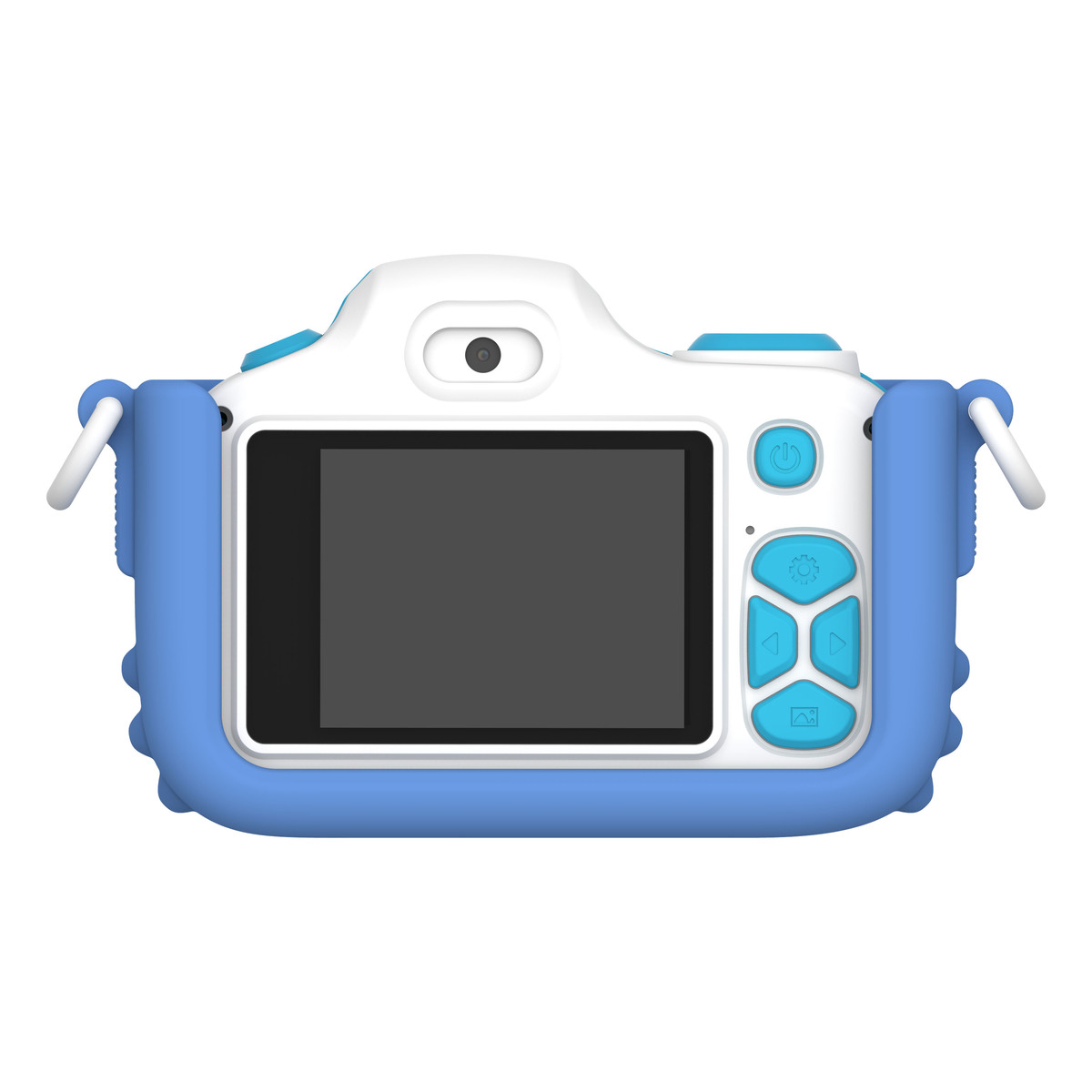 Una cámara de juguete azul y blanca para niños con pantalla y botones.