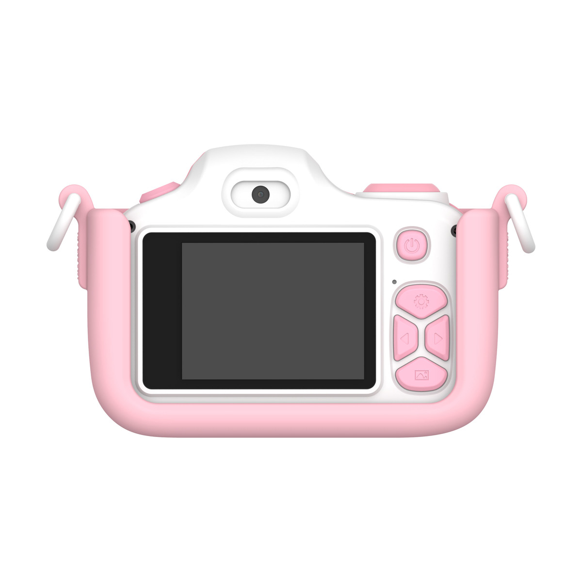 Cámara rosa y blanca para niños con pantalla y botones. Tiene un marco protector rosa.