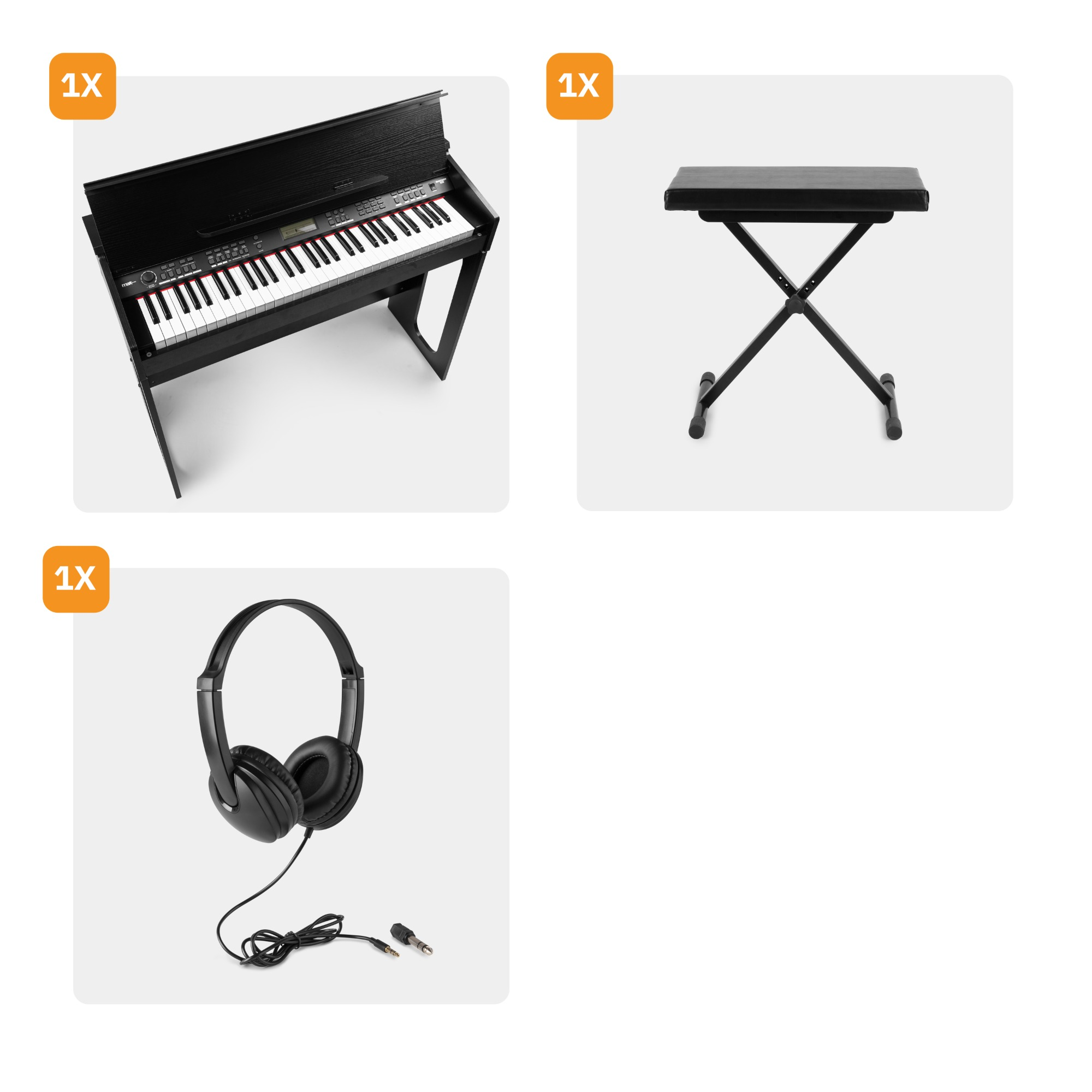 Ein Digitalpiano, ein Ständer und Kopfhörer werden in einer weißen Umgebung präsentiert.