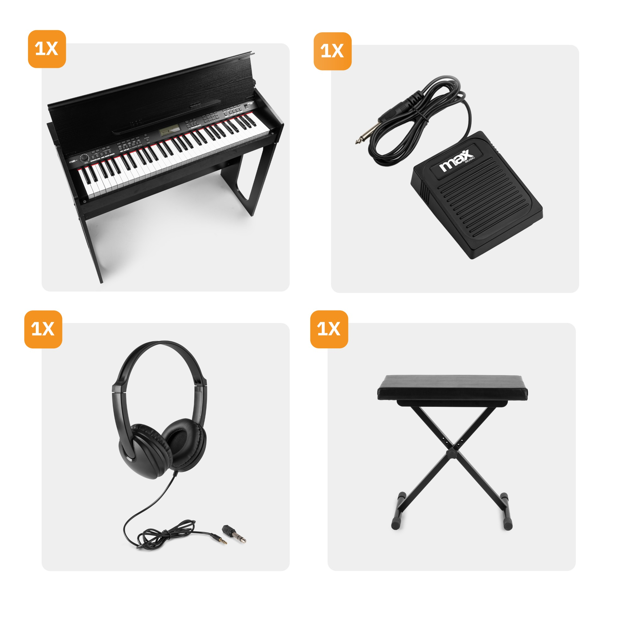 Vier Bilder eines digitalen Piano-Setups: Piano, Pedal, Kopfhörer und ein Ständer.