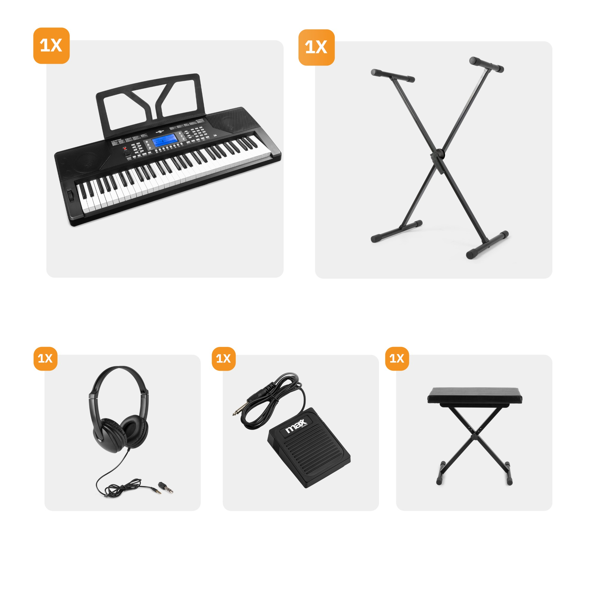 Een keyboard, standaard, koptelefoon, voetpedaal en een zwarte kruk worden op een lichtgrijze achtergrond weergegeven.