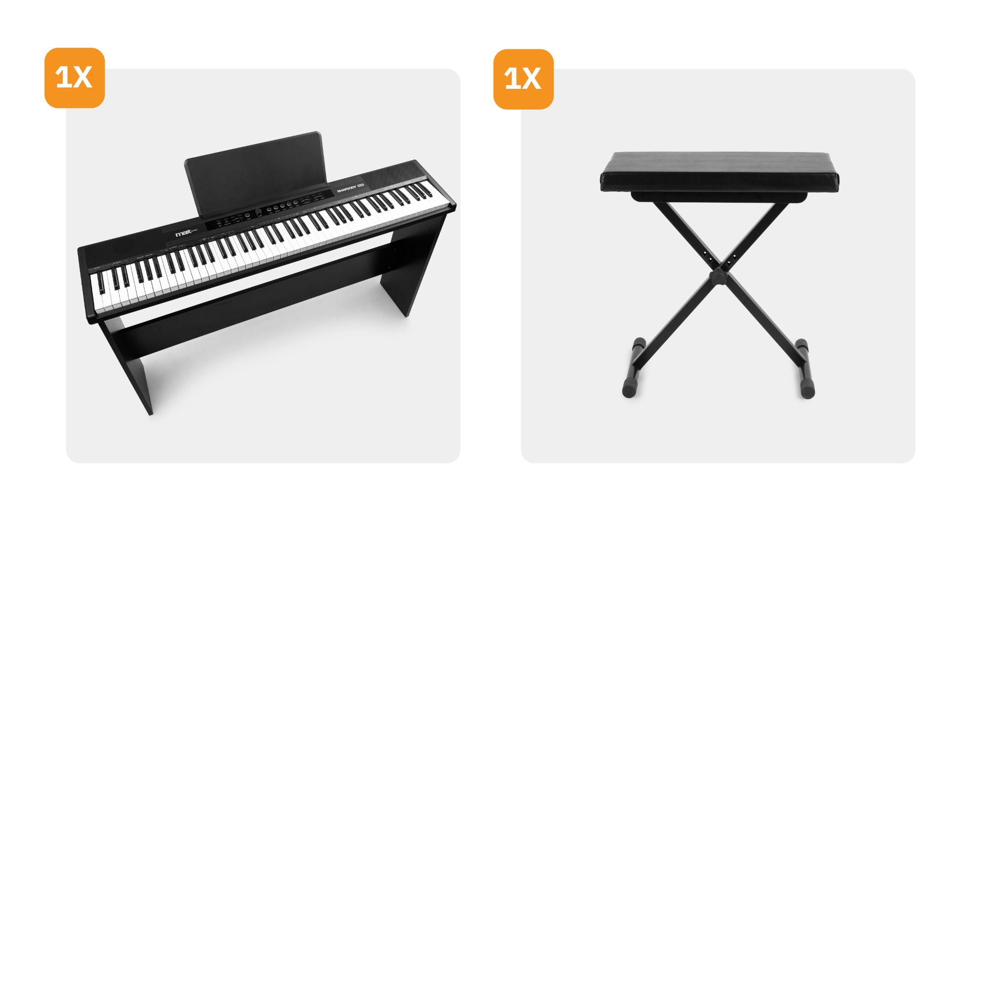 Eine schwarze Tastatur und ein Ständer auf weißem Hintergrund, von oben gesehen.