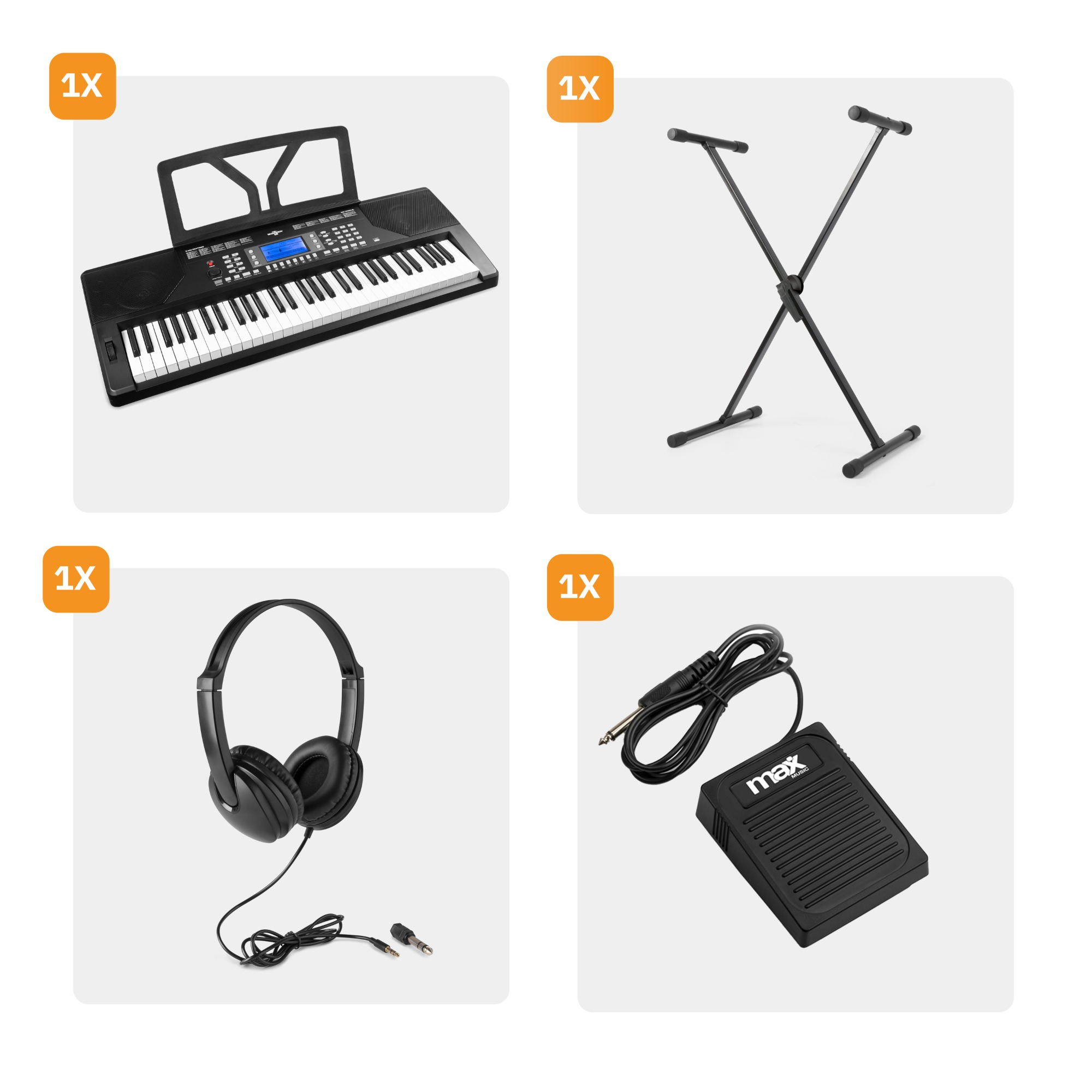 Keyboard, standaard, koptelefoon en voetpedaal, met labels 1X per stuk.