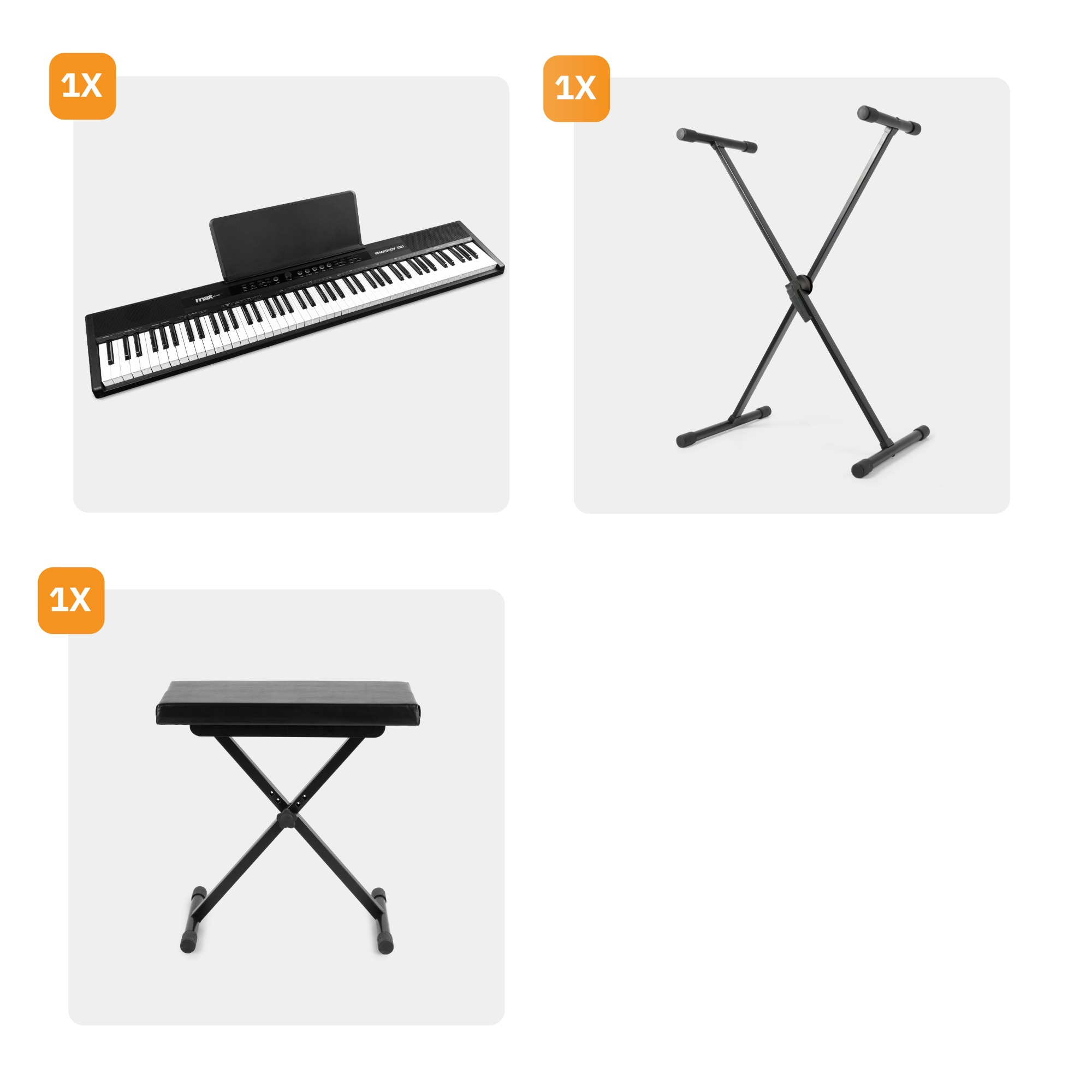 Afbeeldingen met een keyboard, een X-vormig statief en een X-vormige bank voor een keyboard.