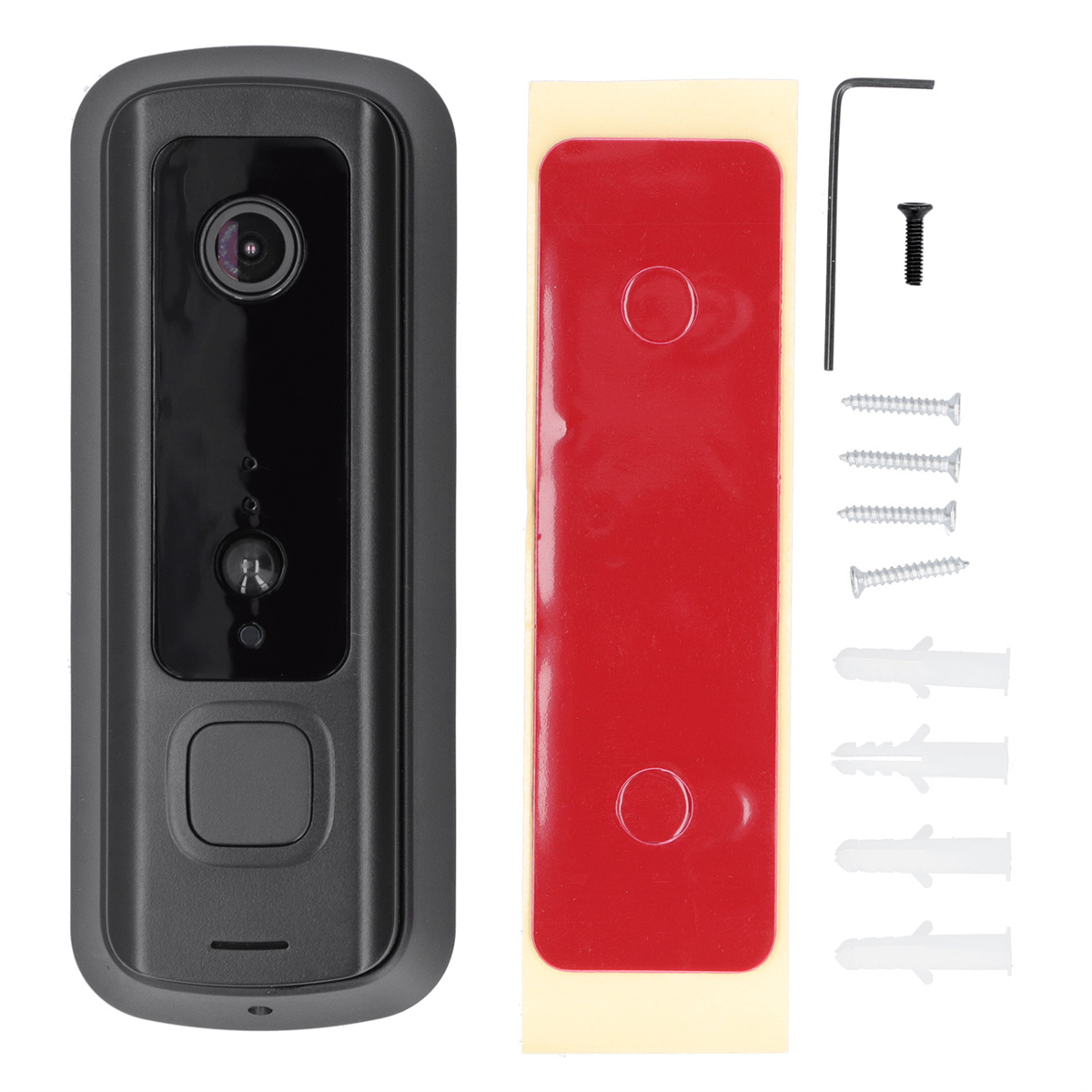 Eine schwarze intelligente Türklingel mit Kamera und Montagezubehör.