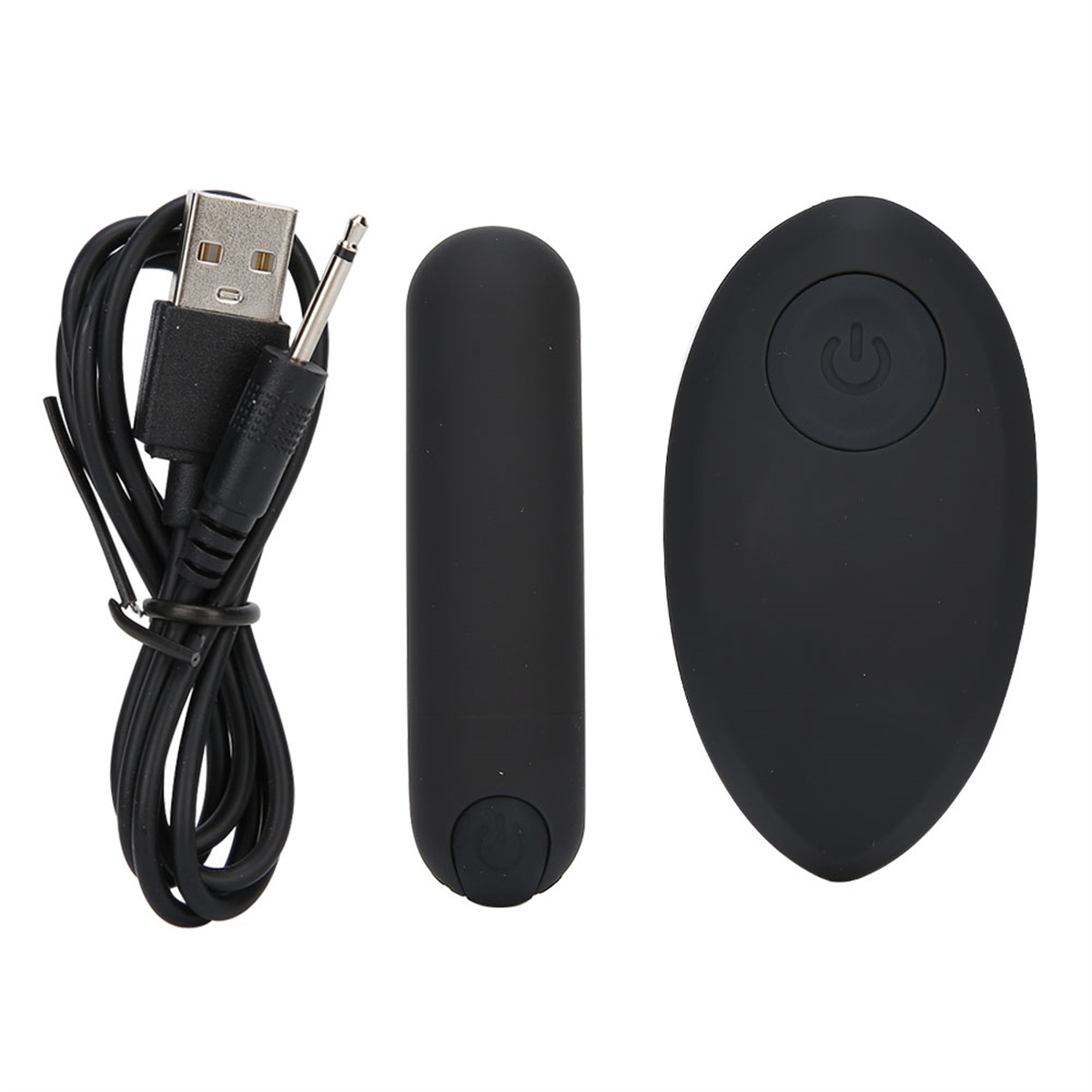 Drei schwarze Sexspielzeuge aus Silikon. Ein USB-Ladekabel ist enthalten.